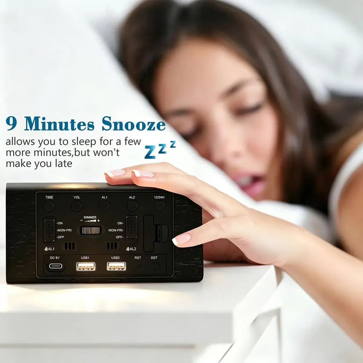 Kogonee Wooden Digital Alarm Clock with Dual USB Ports, Dimmable LED Display, Date, Day, Temp | 15.2 cm (6 Inch) Black - view 8