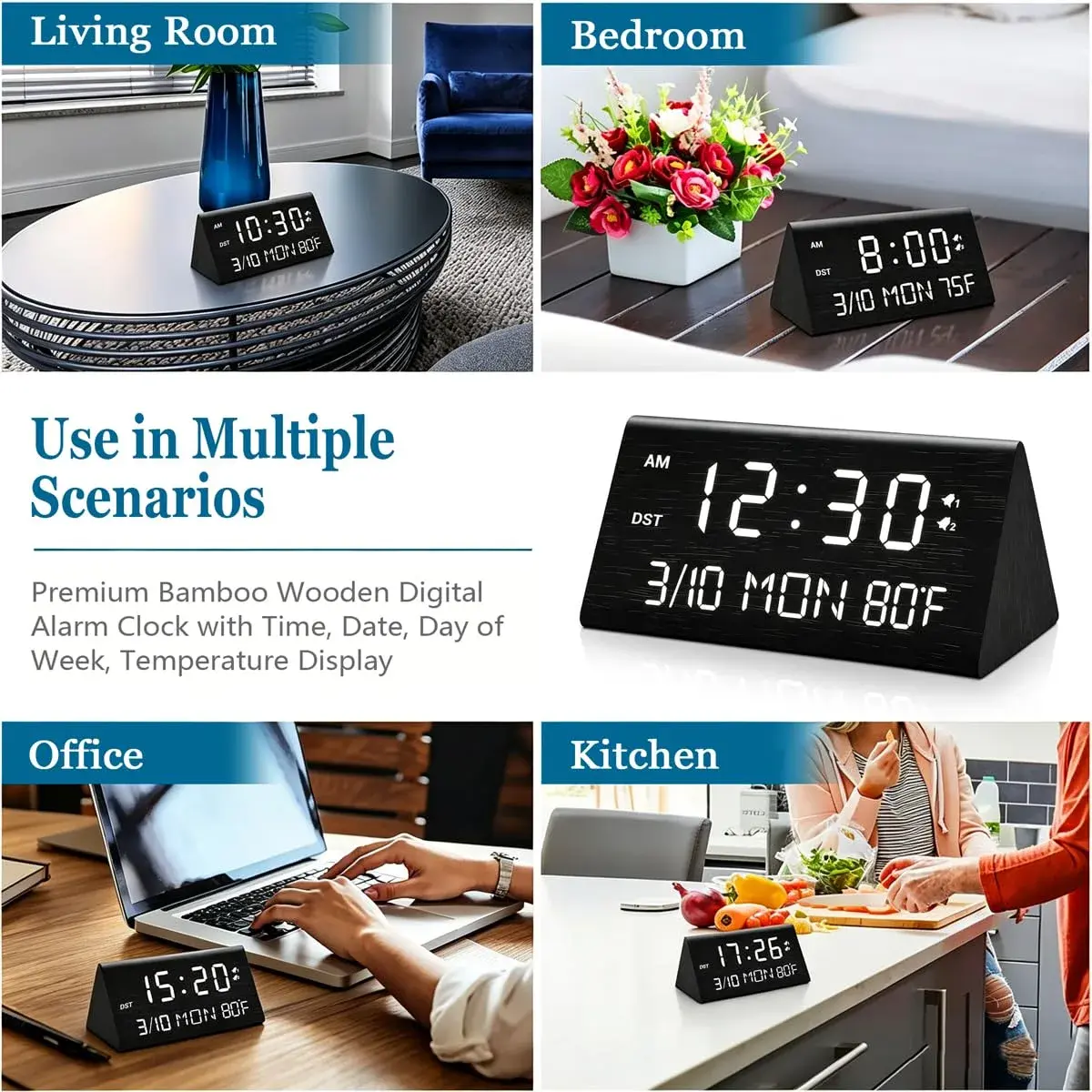 Kogonee Wooden Digital Alarm Clock with Dual USB Ports, Dimmable LED Display, Date, Day, Temp | 15.2 cm (6 Inch) Black - view 9