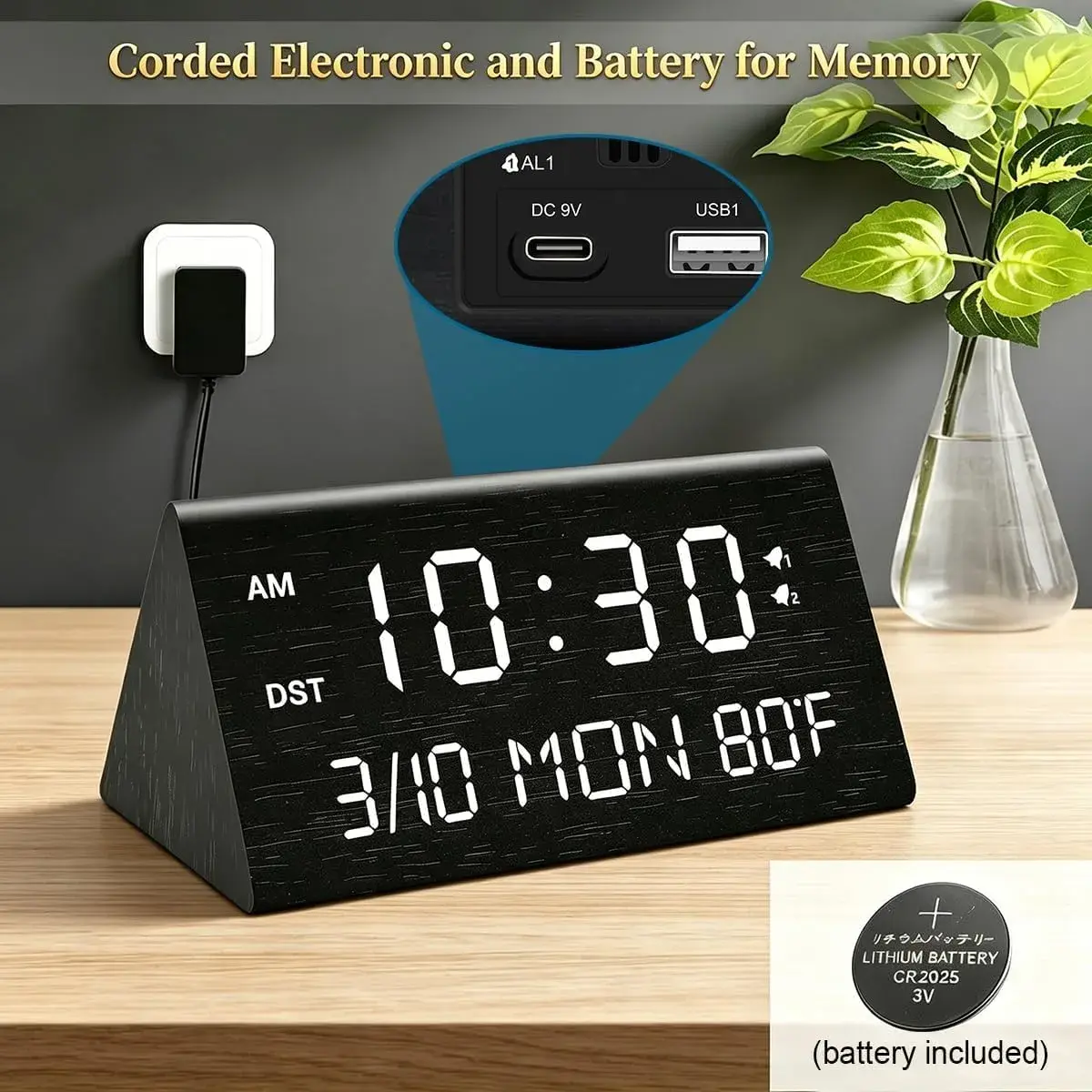 Kogonee Wooden Digital Alarm Clock with Dual USB Ports, Dimmable LED Display, Date, Day, Temp | 15.2 cm (6 Inch) Black - view 2