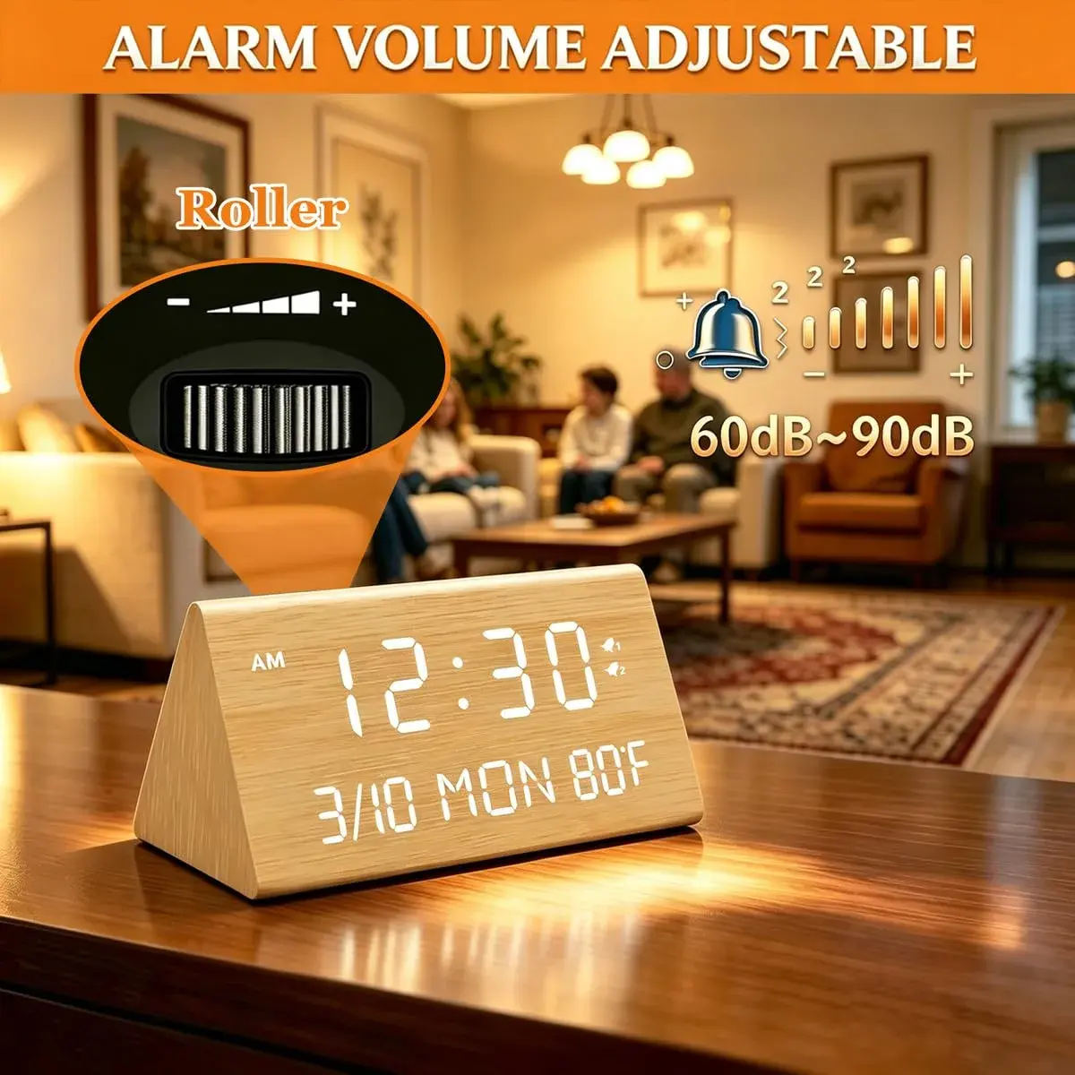 Kogonee Wooden Digital Alarm Clock with Dual USB Charging Ports, Dimmable LED Display, DST, 6" x 3" x 2.75" | Modern Home Decor - view 5