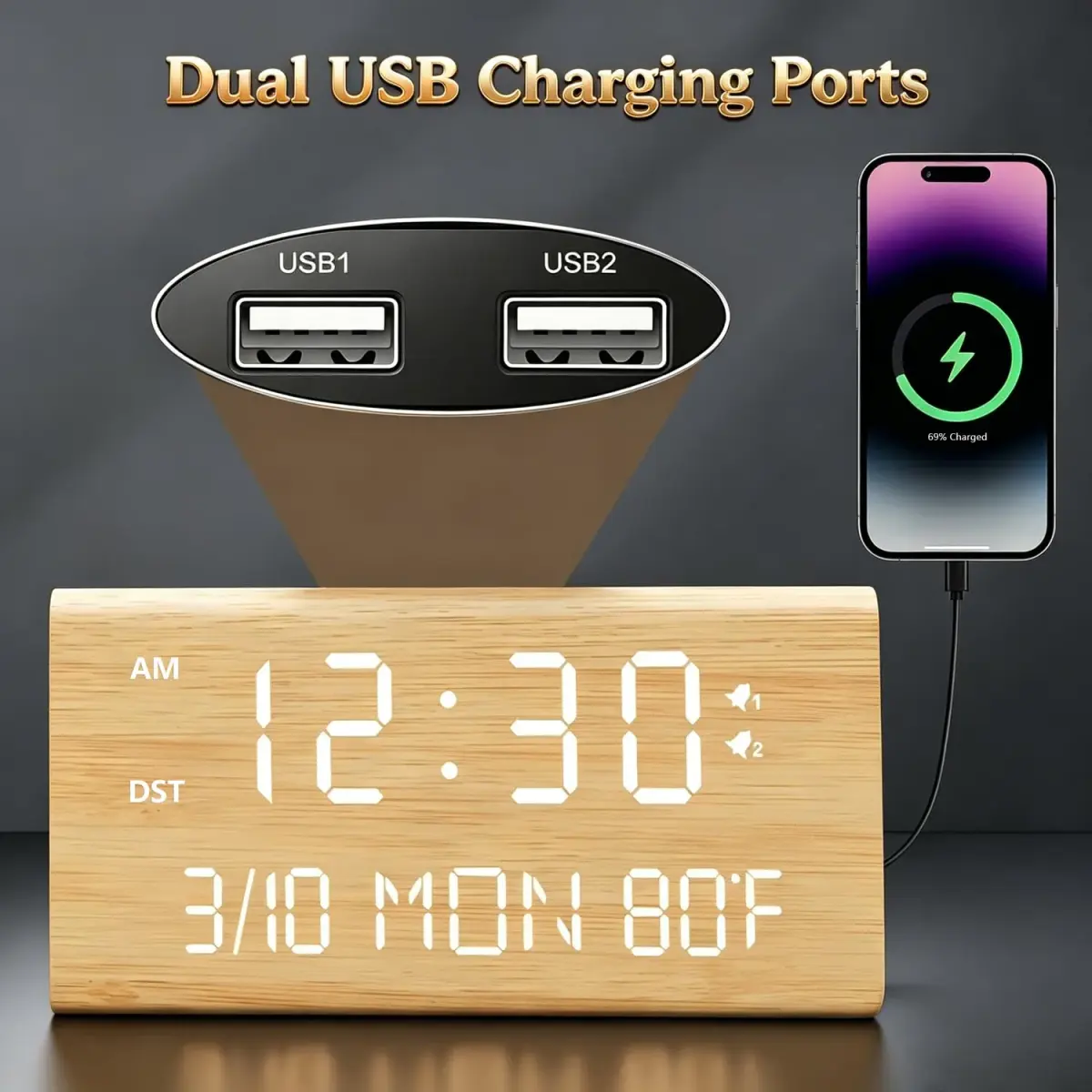 Kogonee Wooden Digital Alarm Clock with Dual USB Charging Ports, Dimmable LED Display, DST, 6" x 3" x 2.75" | Modern Home Decor - view 3