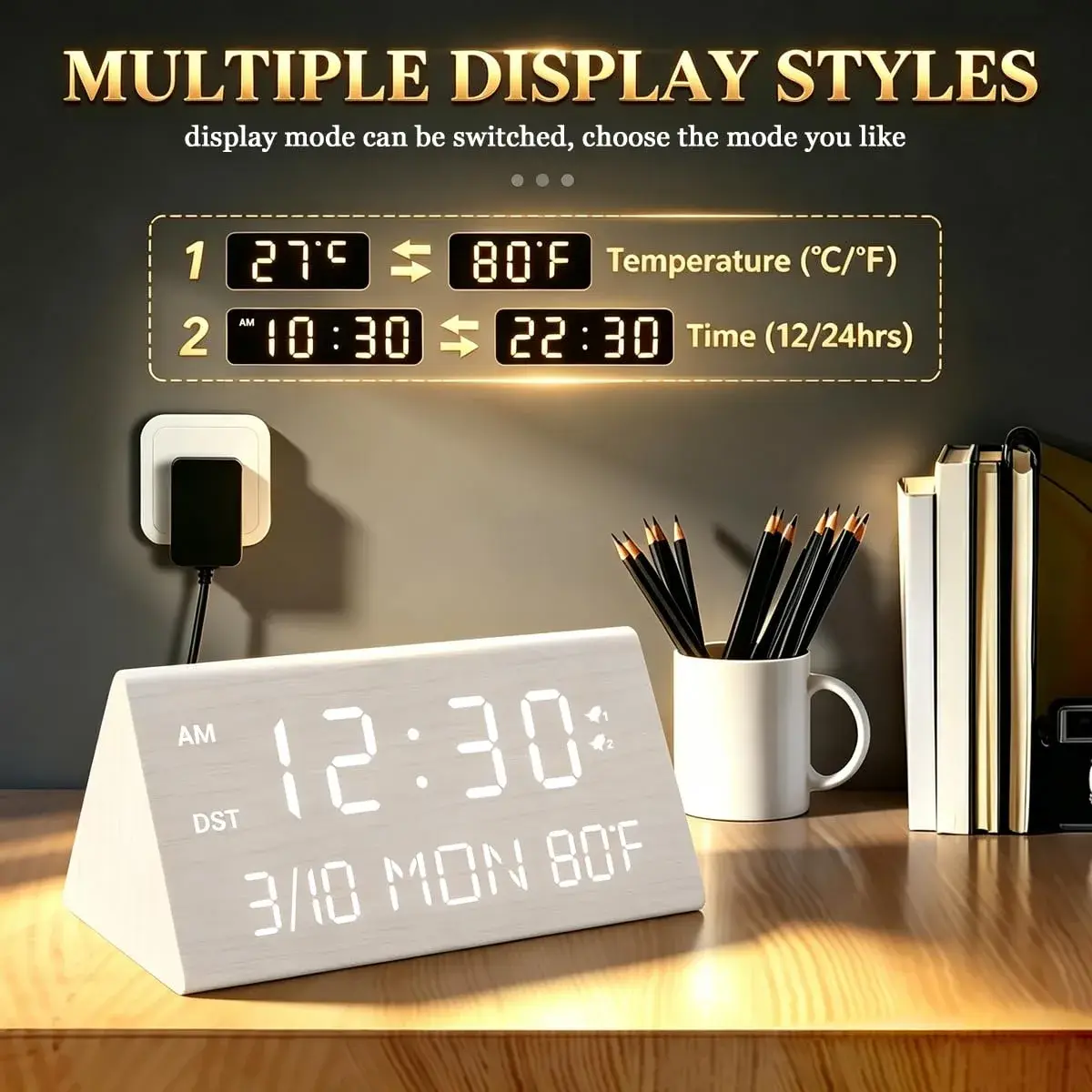 Kogonee Premium Wooden Digital Alarm Clock with Dual USB Charging Ports, Dimmable LED Display, 6-inch (15.24 cm) | Modern Decor for Bedrooms & Desks - view 7