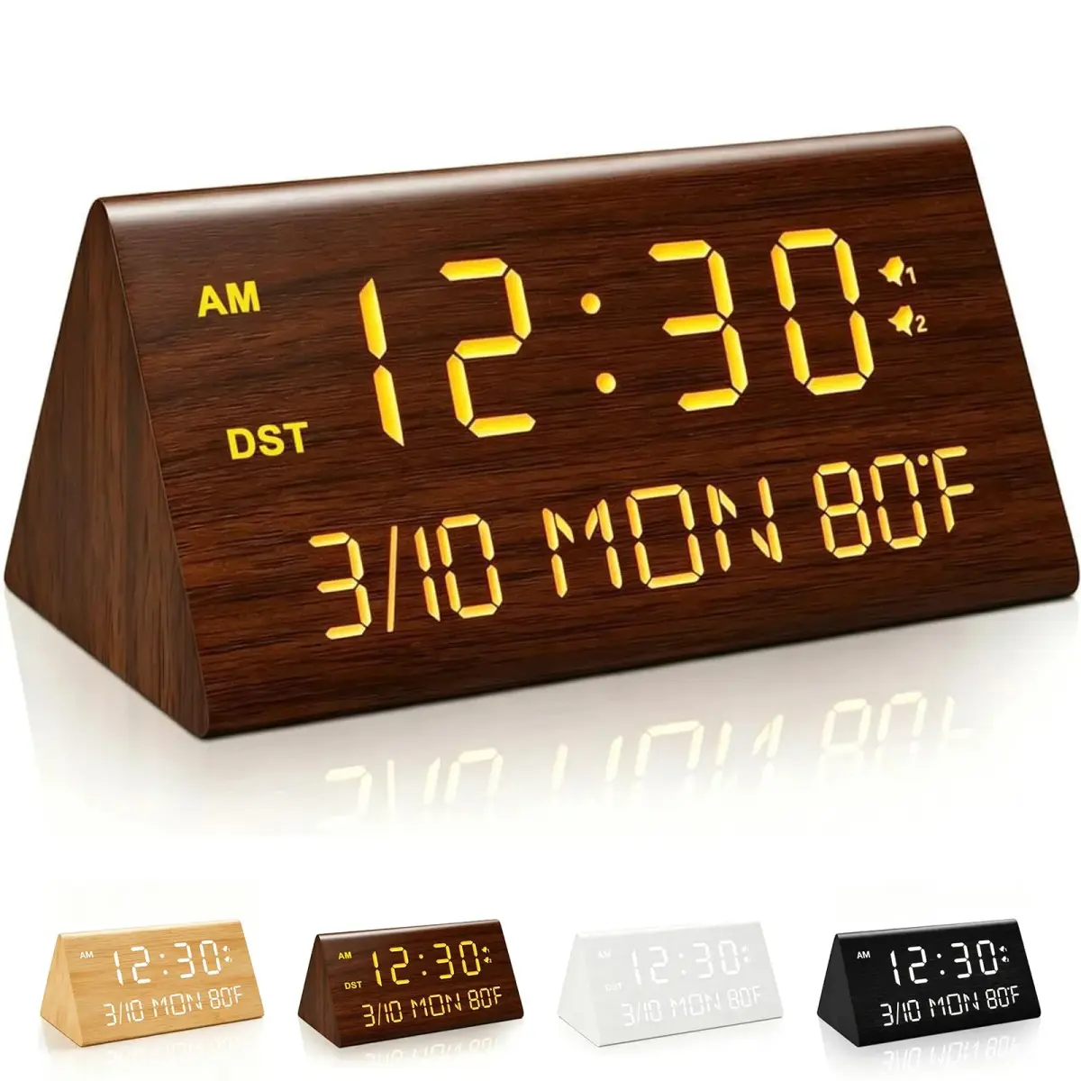 Kogonee Premium Wooden Digital Alarm Clock with Dual USB Charging Ports, Dimmable LED Display, Date, Day, Temp, DST | 8.7cm (3.4in) x 18.7cm (7.4in) - main product image