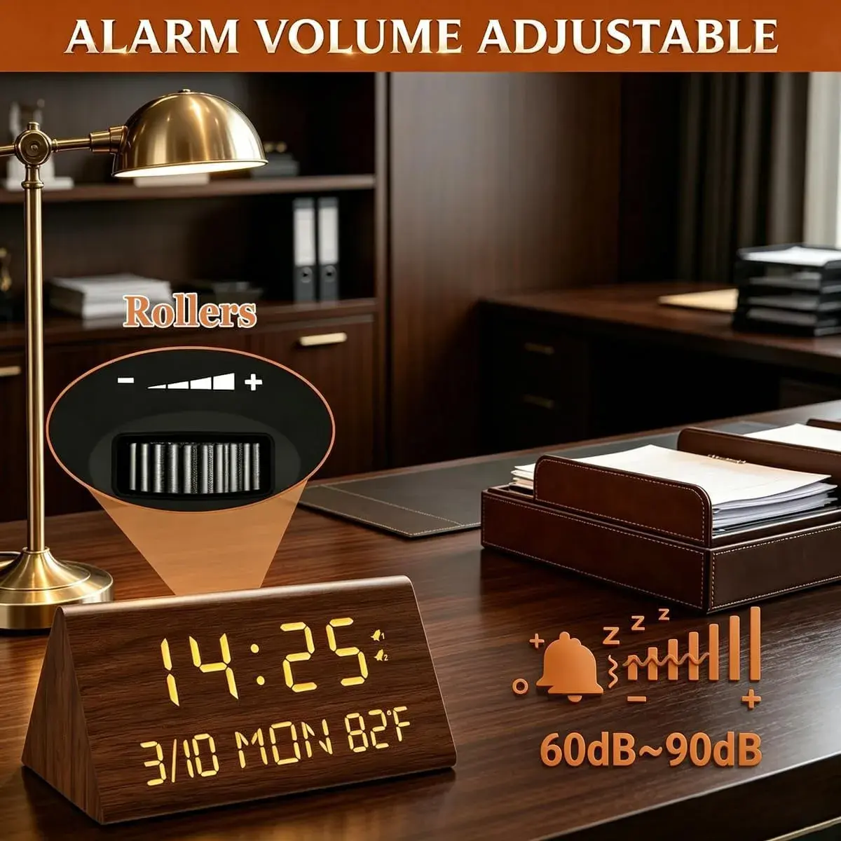 Kogonee Premium Wooden Digital Alarm Clock with Dual USB Charging Ports, Dimmable LED Display, Date, Day, Temp, DST | 8.7cm (3.4in) x 18.7cm (7.4in) - view 5