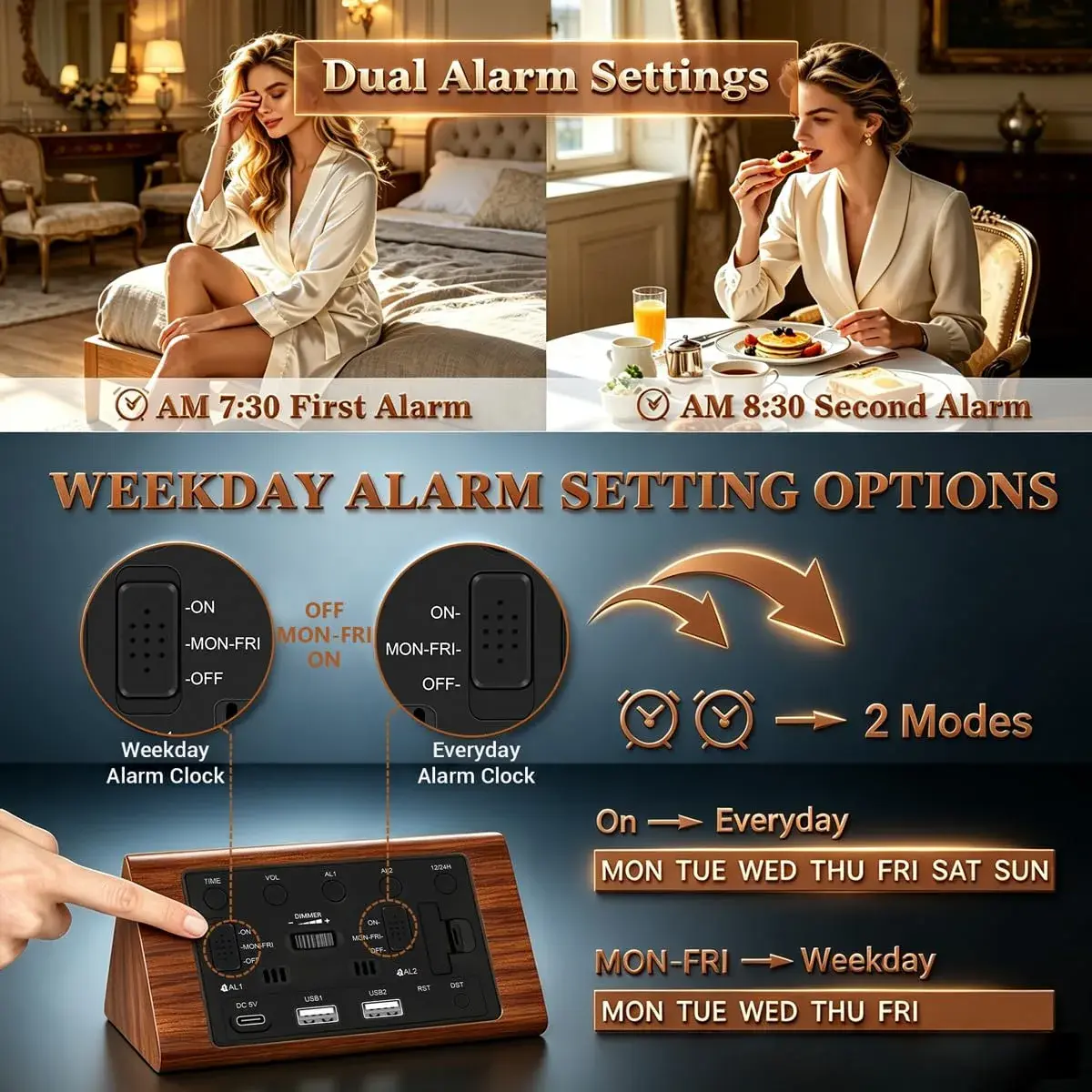 Kogonee Premium Wooden Digital Alarm Clock with Dual USB Charging Ports, Dimmable LED Display, Date, Day, Temp, DST | 8.7cm (3.4in) x 18.7cm (7.4in) - view 6