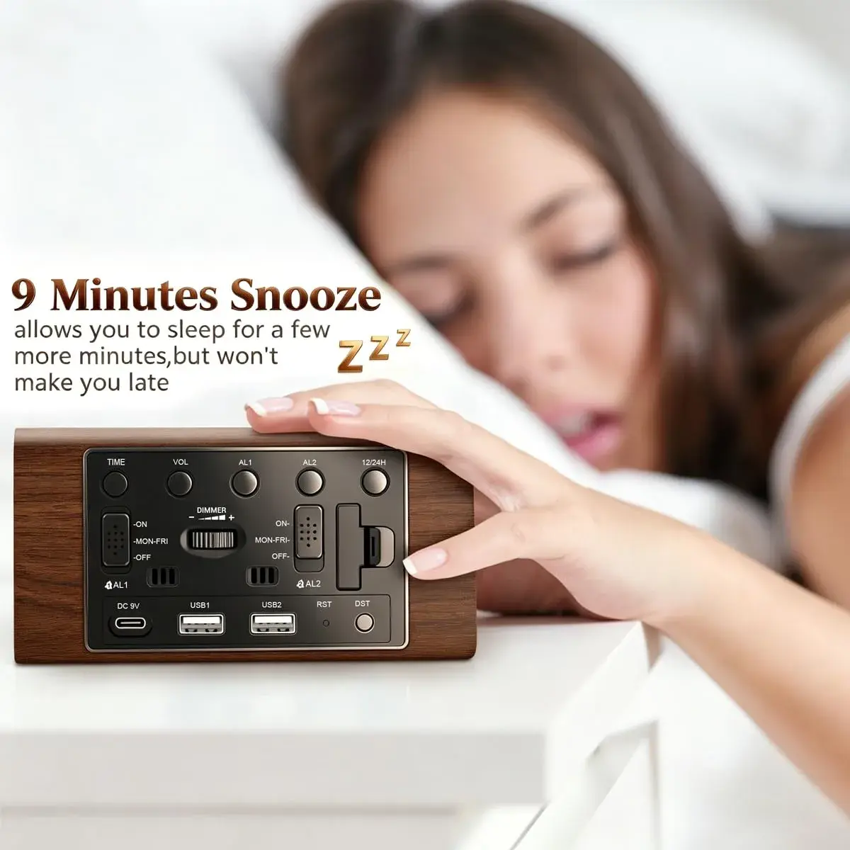 Kogonee Premium Wooden Digital Alarm Clock with Dual USB Charging Ports, Dimmable LED Display, Date, Day, Temp, DST | 8.7cm (3.4in) x 18.7cm (7.4in) - view 8