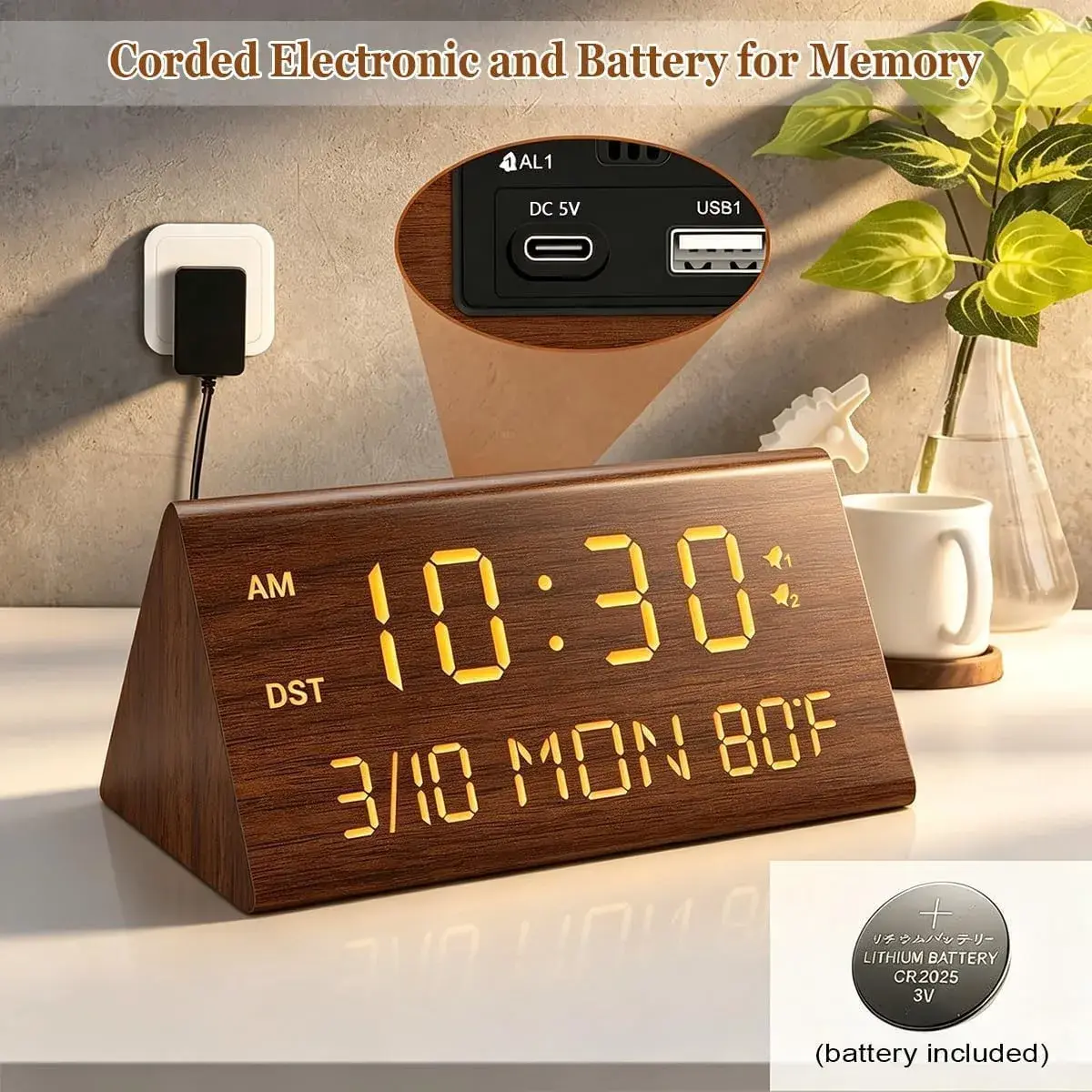Kogonee Premium Wooden Digital Alarm Clock with Dual USB Charging Ports, Dimmable LED Display, Date, Day, Temp, DST | 8.7cm (3.4in) x 18.7cm (7.4in) - view 2
