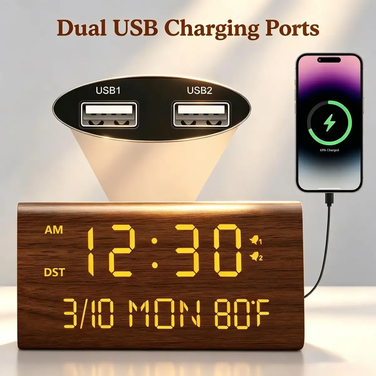 Kogonee Premium Wooden Digital Alarm Clock with Dual USB Charging Ports, Dimmable LED Display, Date, Day, Temp, DST | 8.7cm (3.4in) x 18.7cm (7.4in) - view 3