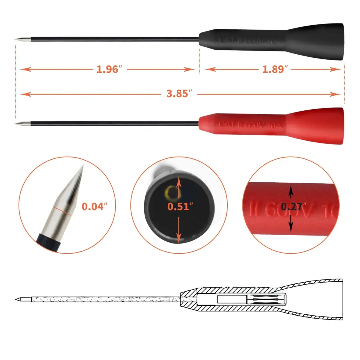 Lorwatin 2 Pack 2mm Extended Needle Test Probes, 600V/10A | CAT II Rated - view 2
