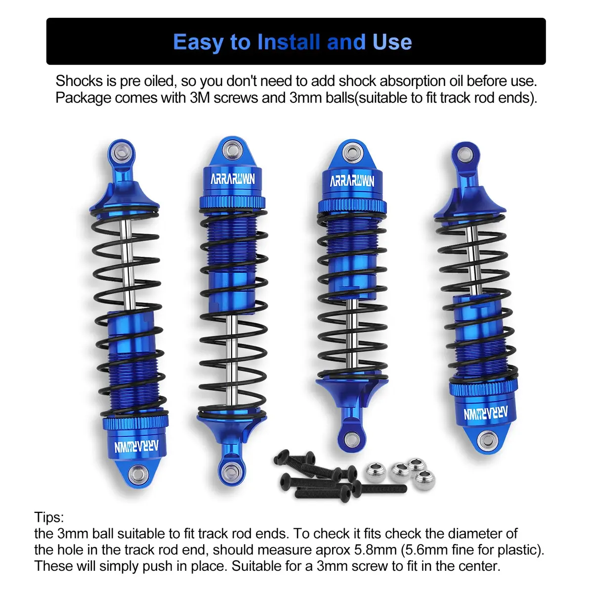 ARRAROWN Blue 4pcs RC Car Shock Absorber Set 100mm/115mm | CNC Machined Metal Upgrade - view 5
