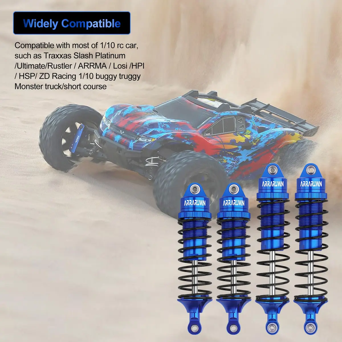 ARRAROWN Blue 4pcs RC Car Shock Absorber Set 100mm/115mm | CNC Machined Metal Upgrade - view 2