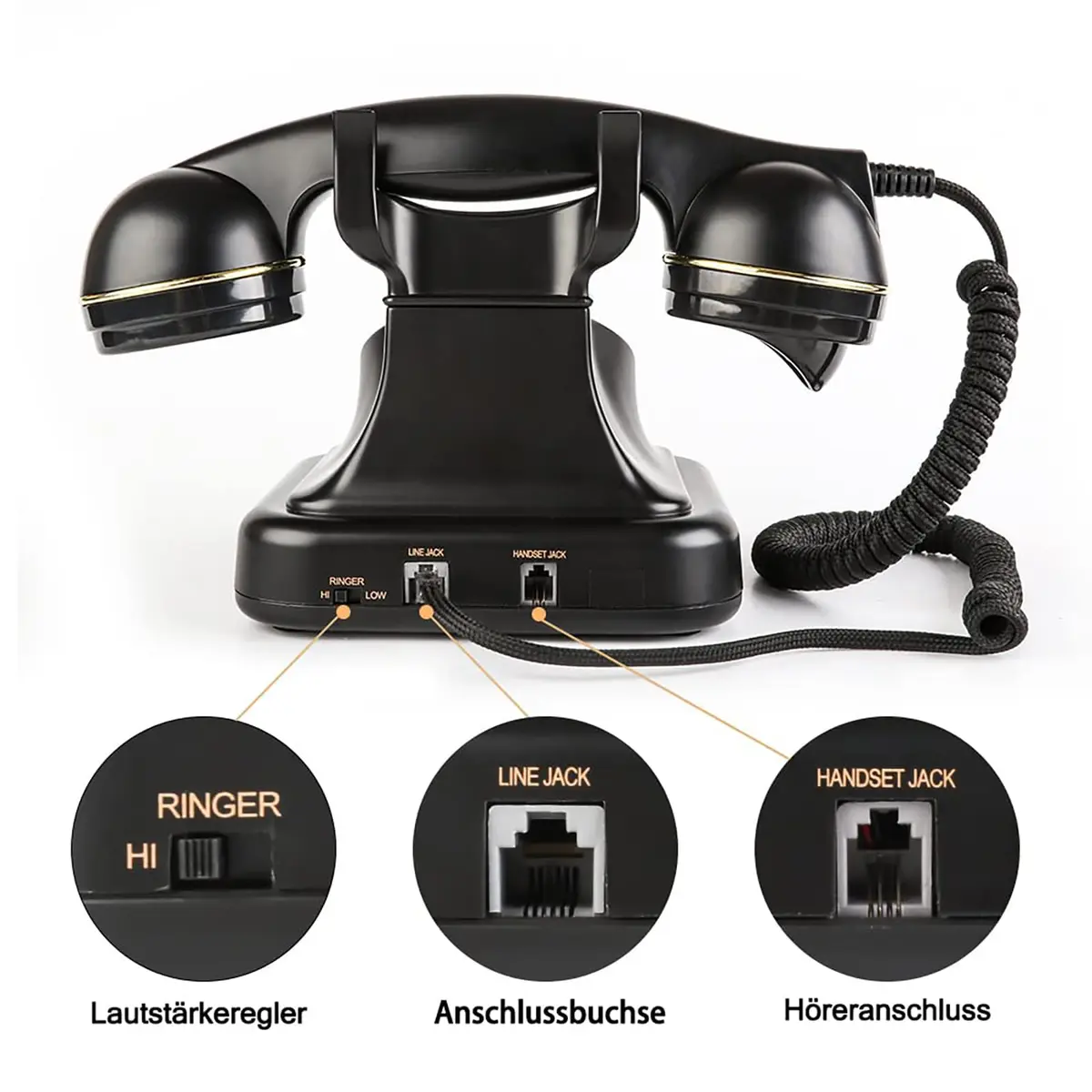Sangyn Retro Corded Landline Telephone with Fabric Cord | Push-Button Dial, Black Metallic - view 2