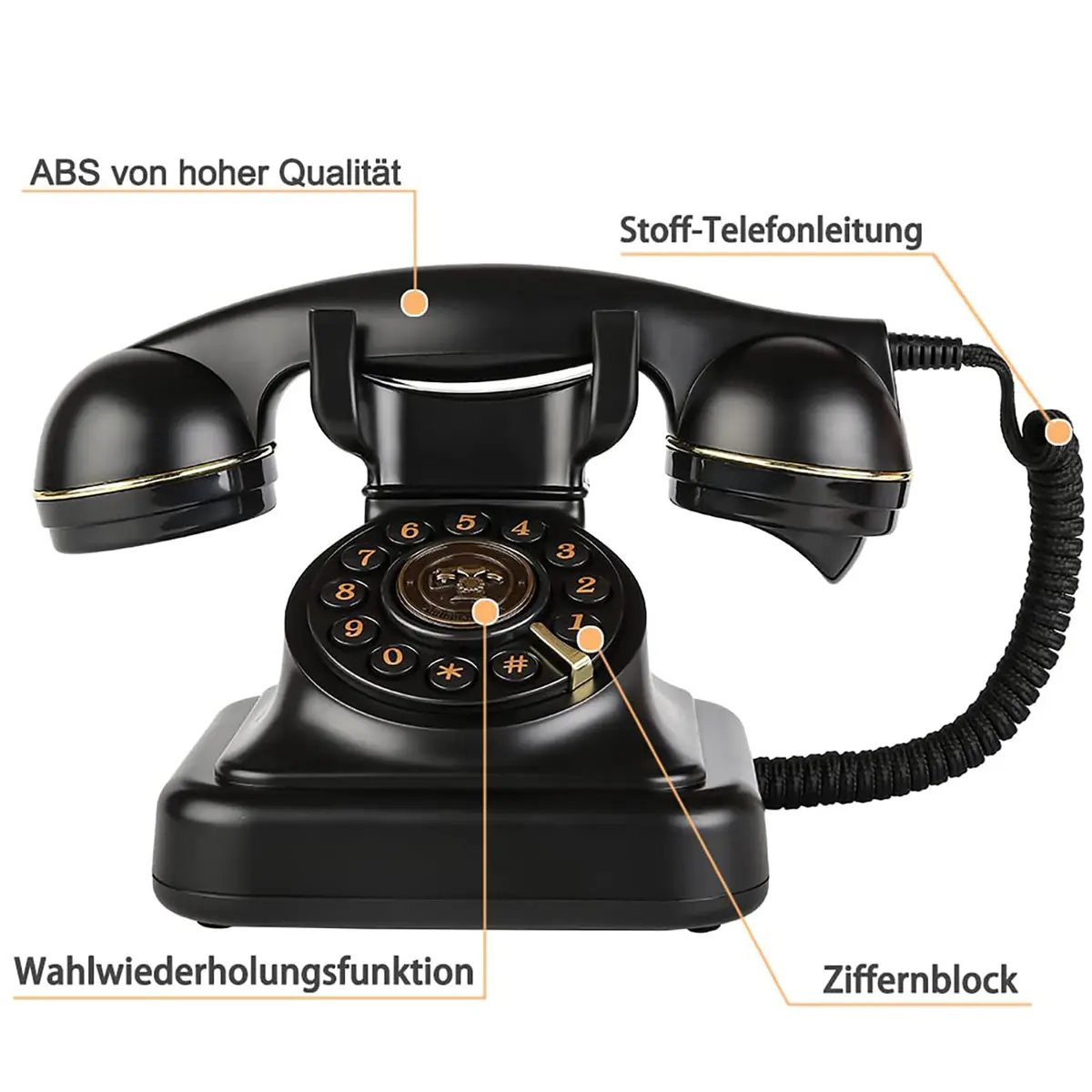 Sangyn Retro Corded Landline Telephone with Fabric Cord | Push-Button Dial, Black Metallic - view 4