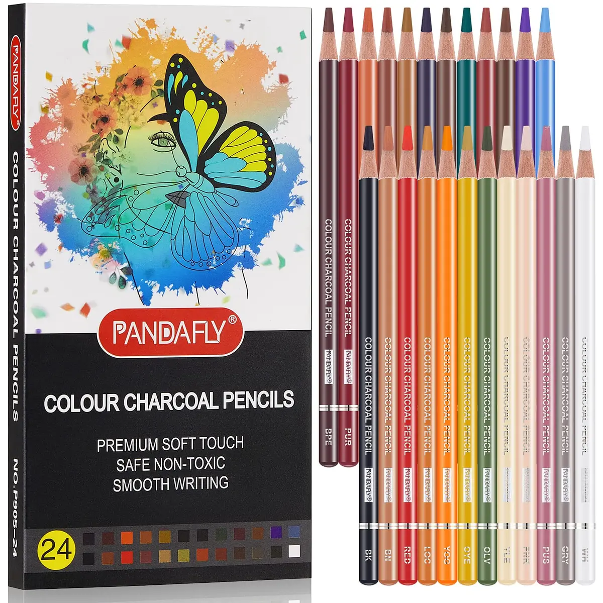 PANDAFLY Professional Colored Charcoal Pencils Drawing Set, 24 Colors | Non-Toxic, Skin Tone Shades - main product image