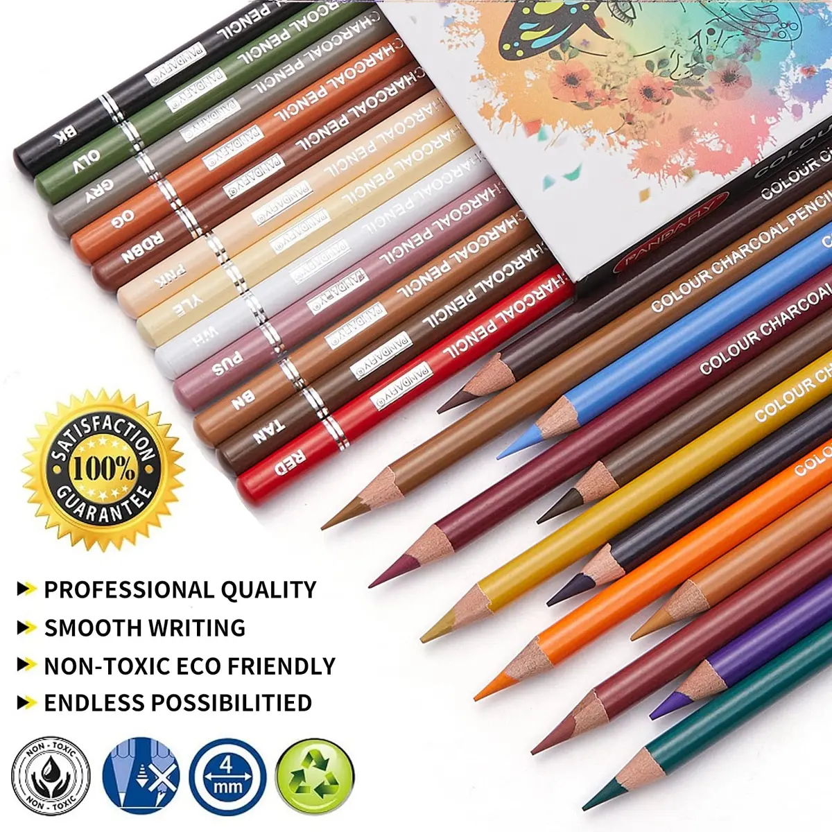 PANDAFLY Professional Colored Charcoal Pencils Drawing Set, 24 Colors | Non-Toxic, Skin Tone Shades - view 2