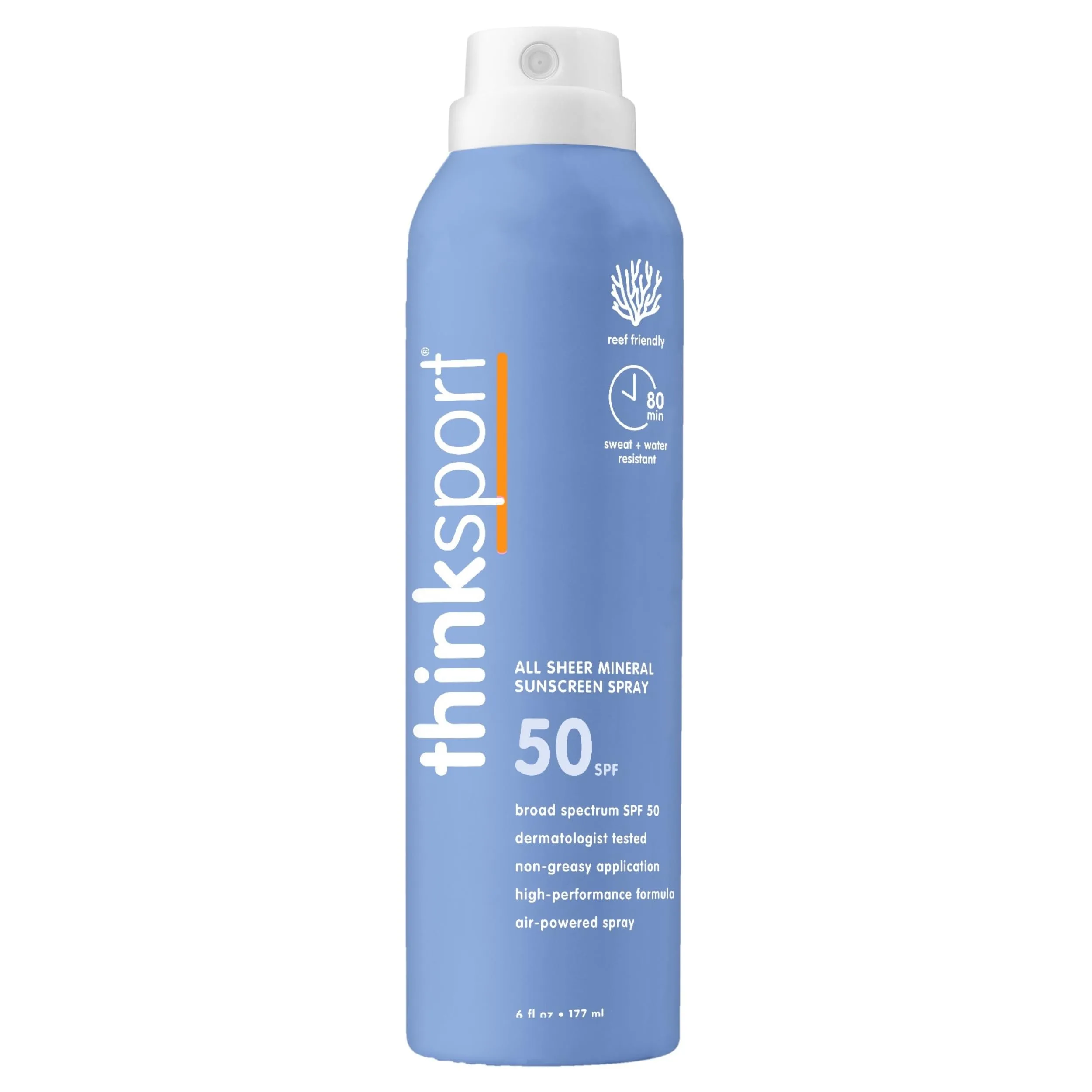 Thinksport SPF 50+ Mineral Sunscreen Spray, All Sheer, 177ml (6 Fl Oz) | Natural, Water Resistant Body Sun Protection - main product image