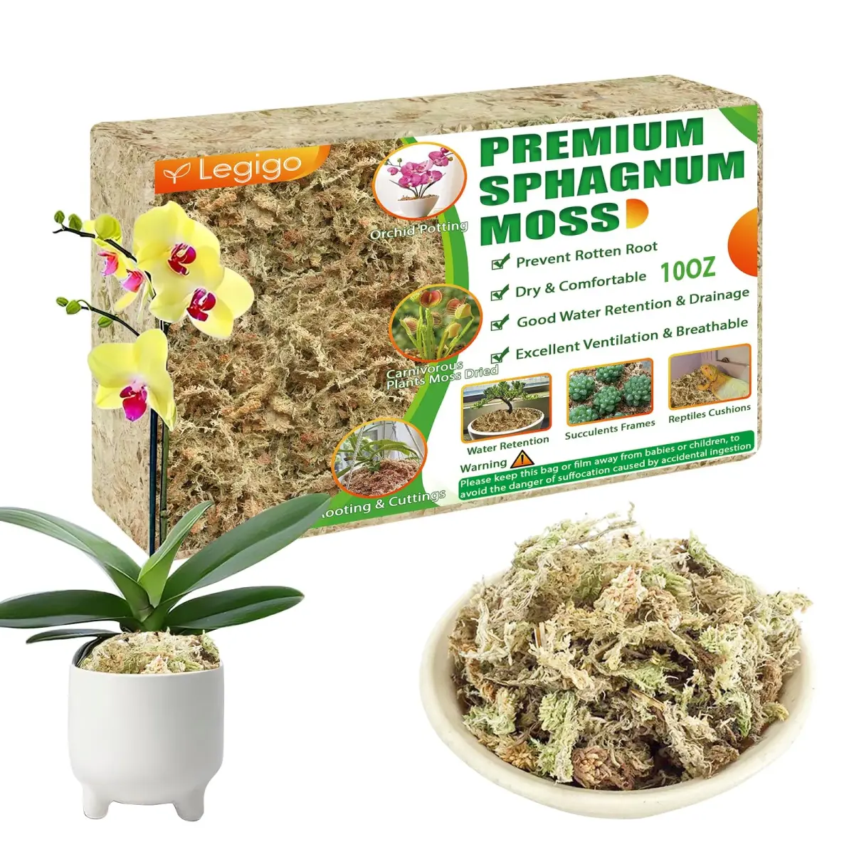 Legigo Premium Sphagnum Moss - 12 QT (10 oz) | Natural Long Fiber for Orchids & Succulents - main product image