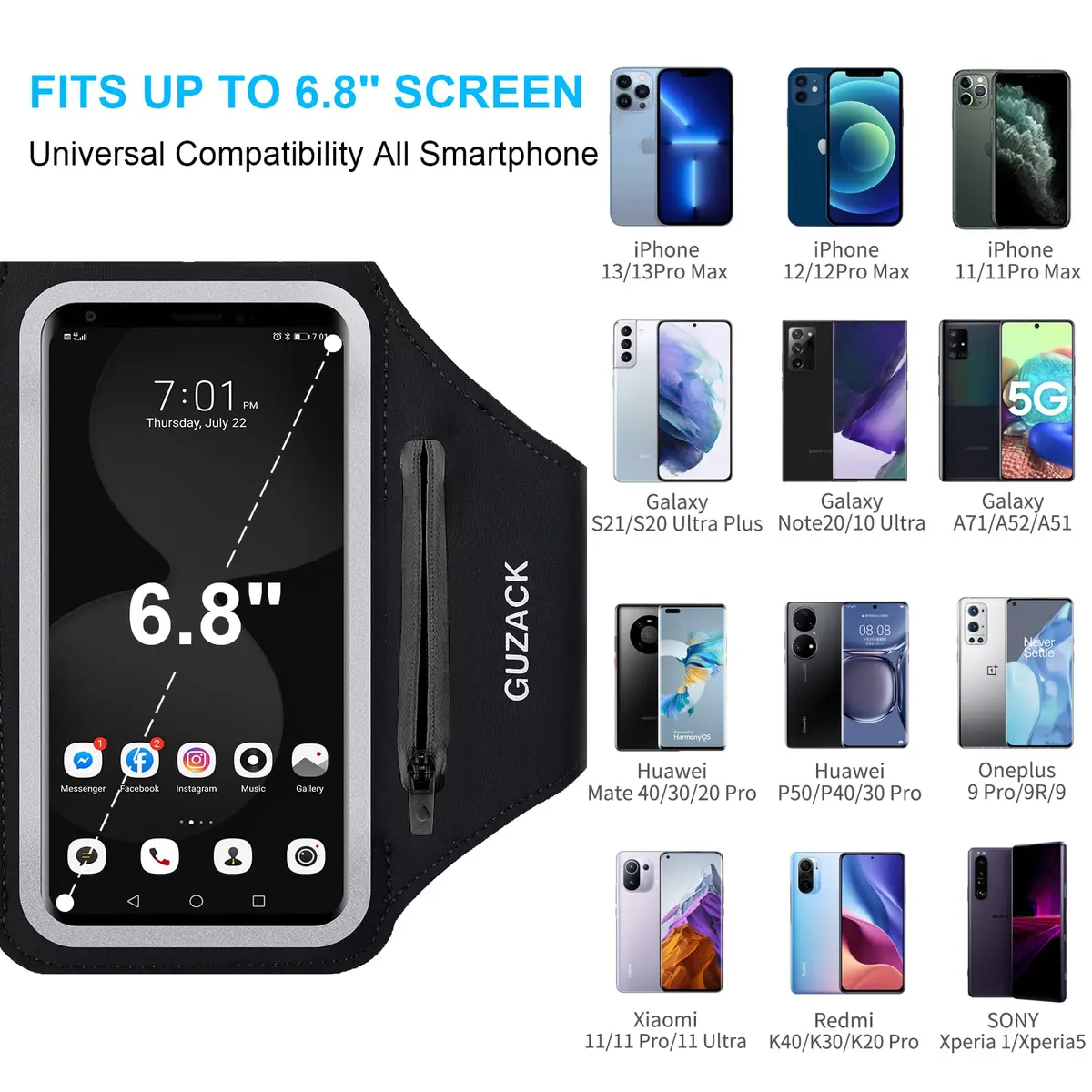 Guzack Running Armband with Zipper Pouch | Fits Phones Up to 6.9" | Sweatproof, Adjustable, Reflective - view 2