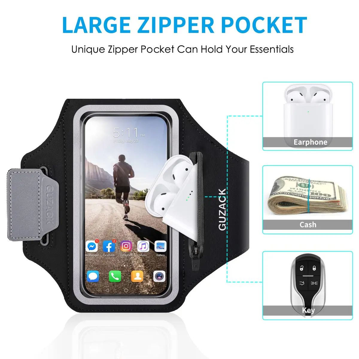 Guzack Running Armband with Zipper Pouch | Fits Phones Up to 6.9" | Sweatproof, Adjustable, Reflective - view 3