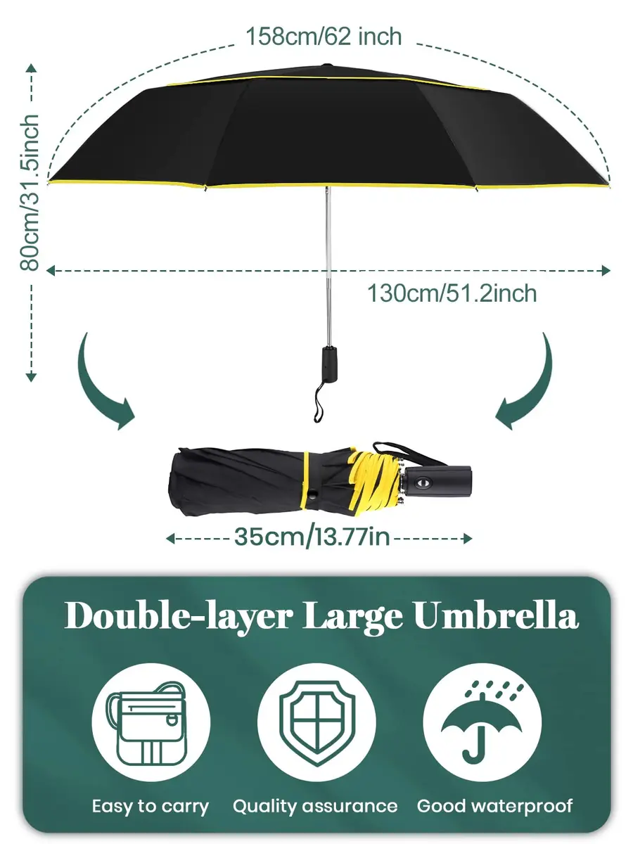 Kalolary 62" Automatic Folding Umbrella Extra Large Golf Umbrella Black | Wind-Resistant & Sunproof - view 2