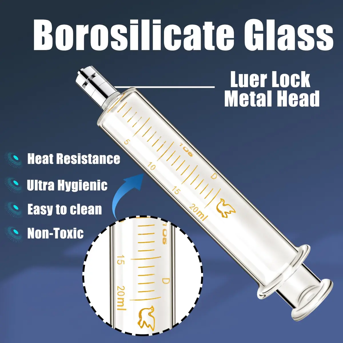 Jiaxix 20ml Glass Syringe with Metal Head and Caps (2-Pack) | Precise Liquid Transfer for Oils & Glues - view 3