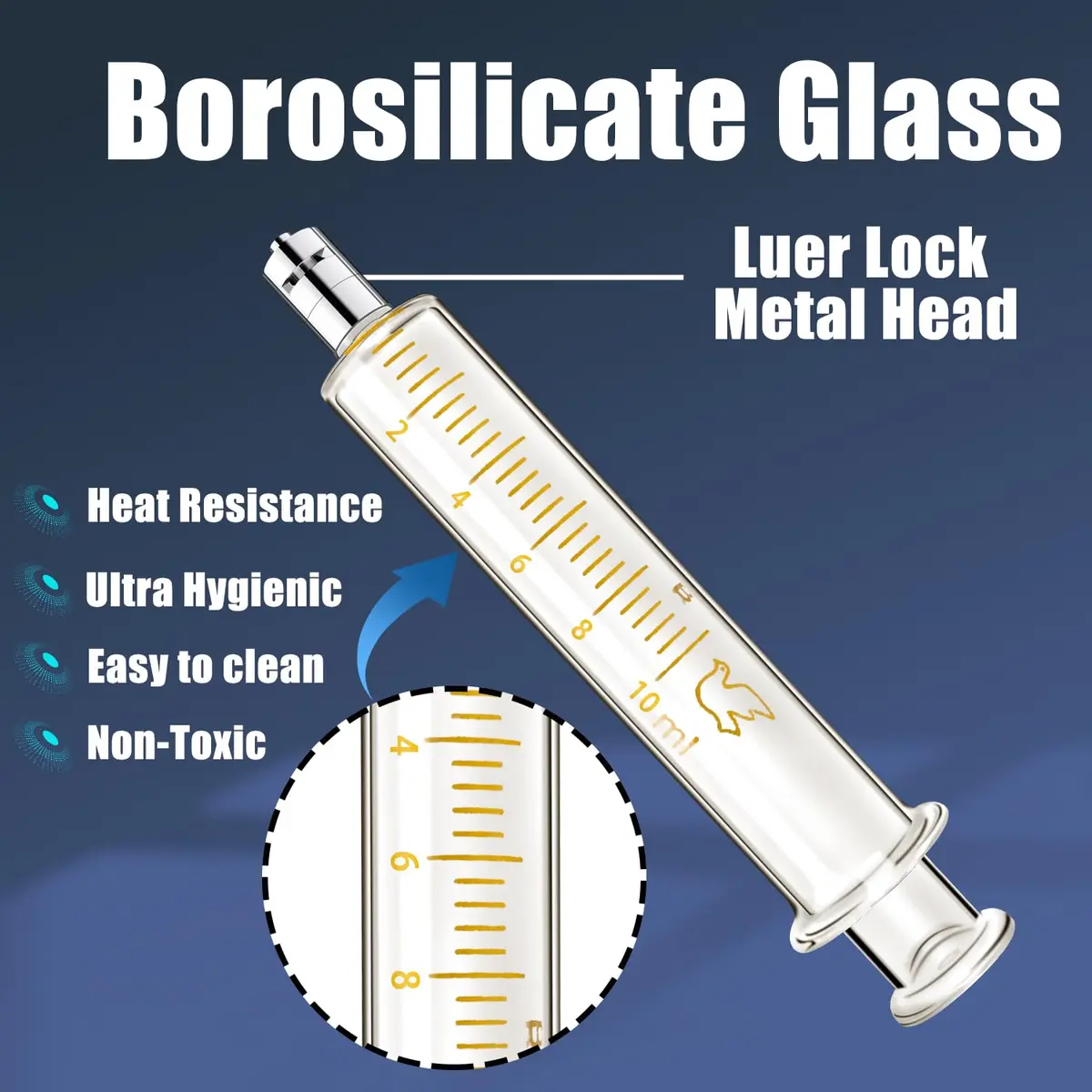 Jiaxix 10ml Glass Syringe with Metal Luer Lock and Caps (2-Pack) | Accurate Liquid Dispensing for Labs & Crafts - view 3