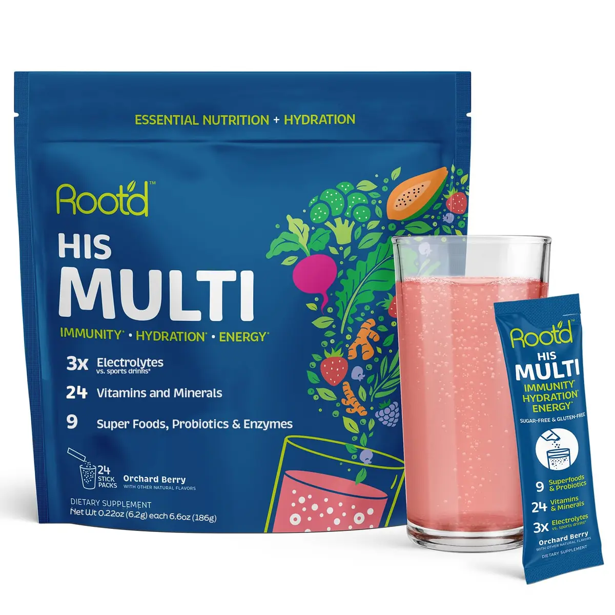Root'd Multivitamin Powder for Men - 24 Vitamins & Minerals | Sugar-Free Hydration with Organic Superfoods - main product image