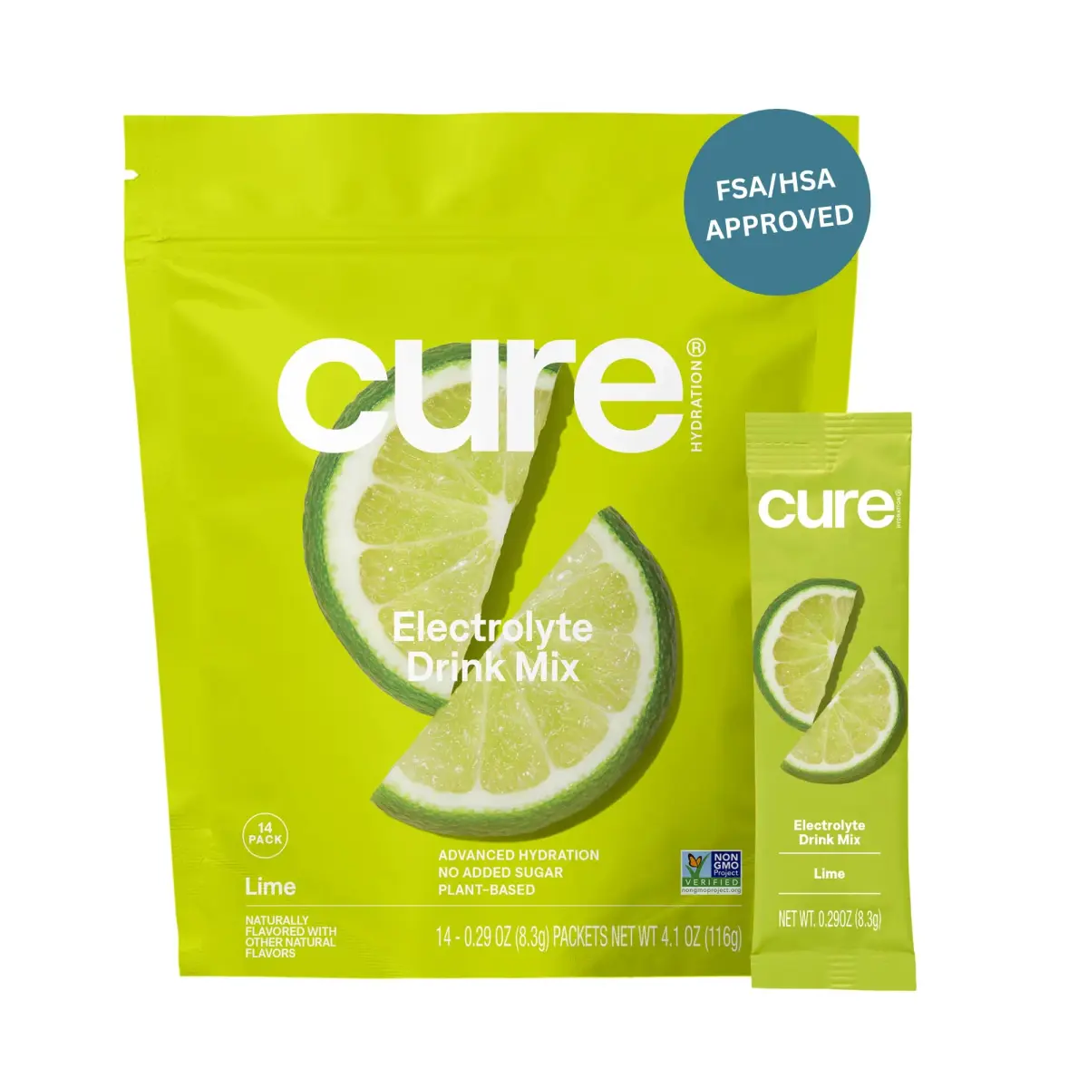 Cure Hydration Electrolyte Drink Powder Lime 14 Packets | 4x Electrolytes, No Added Sugar, Plant-Based - main product image