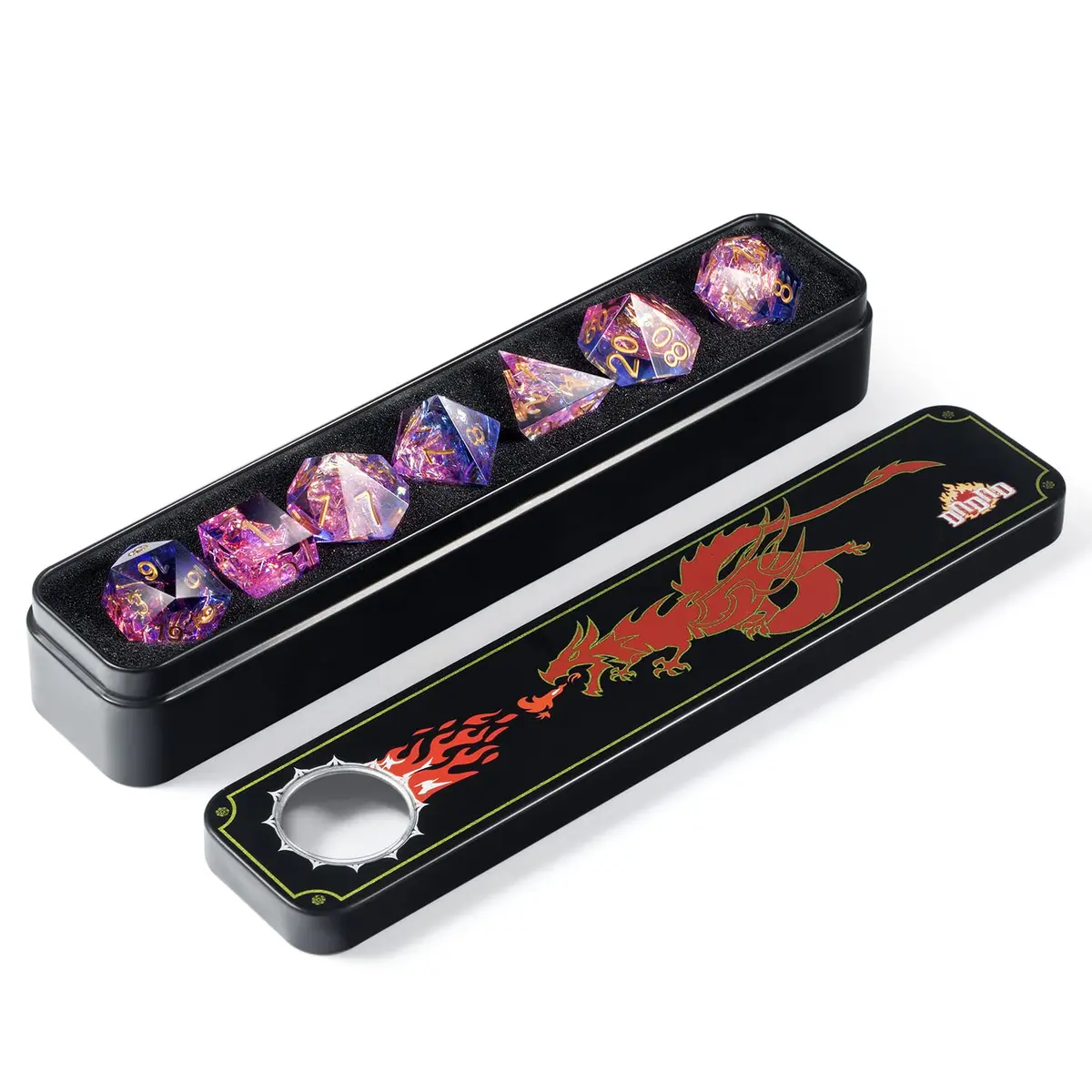 DNDND Game Dice Set, 7 pcs Sharp Edge Dice with Metal Case | Translucent Pink & Blue, Perfect for D&D & RPGs - view 2
