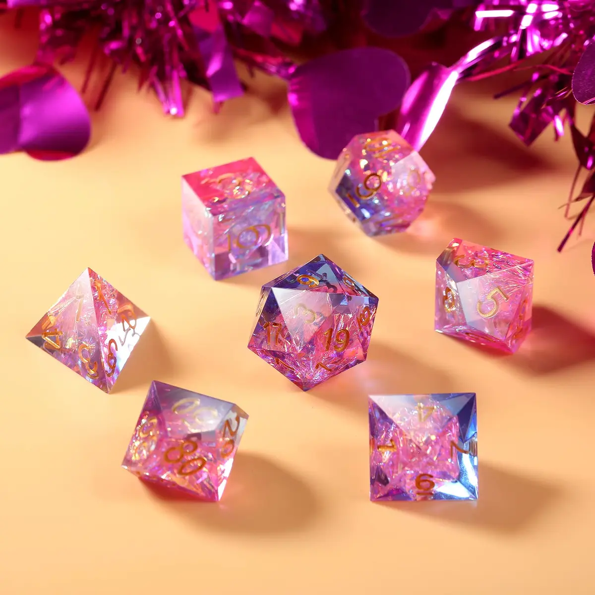 DNDND Game Dice Set, 7 pcs Sharp Edge Dice with Metal Case | Translucent Pink & Blue, Perfect for D&D & RPGs - view 3