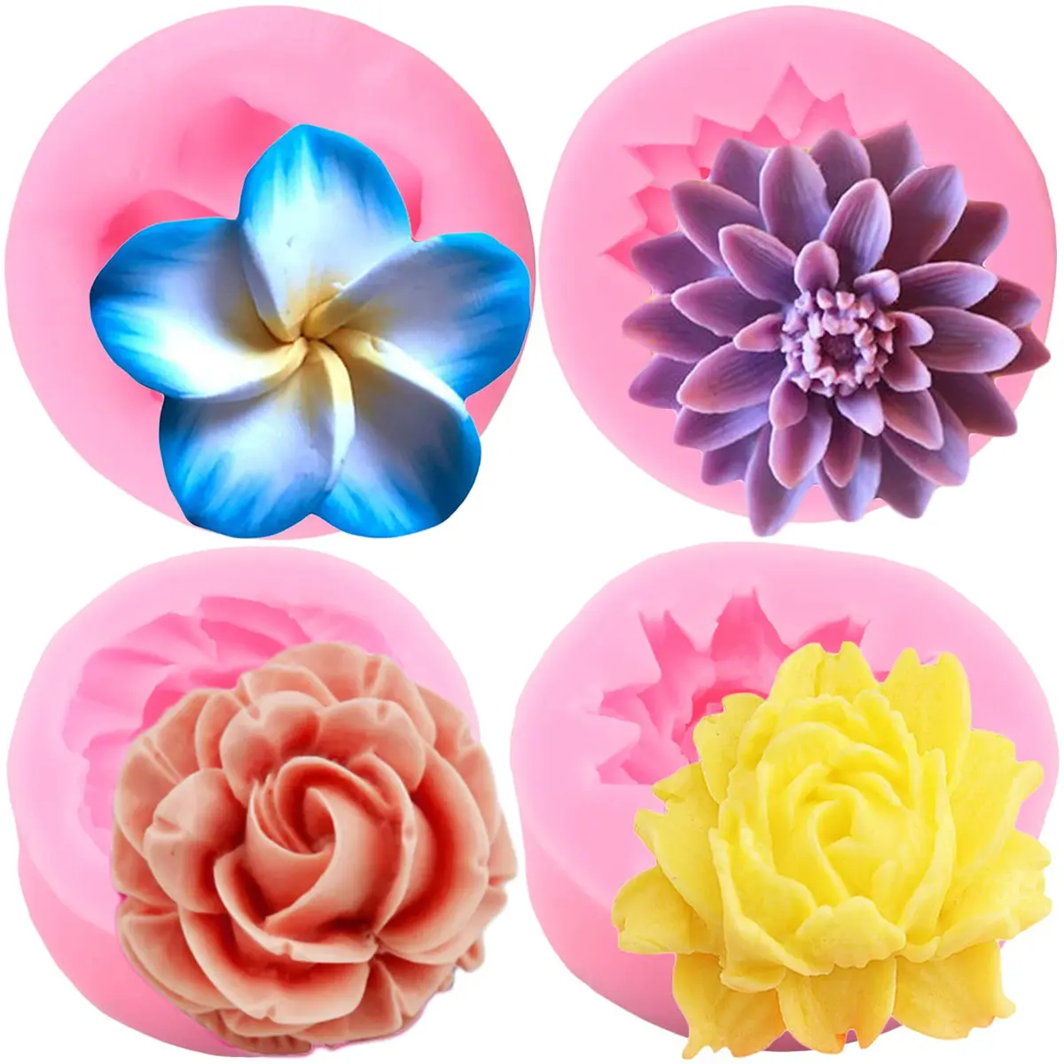ZiXiang Flower Silicone Molds Set of 4 | Rose Chrysanthemum Fondant Molds for Cake Decorating, 1.88-2.20 inch Cavities - main product image