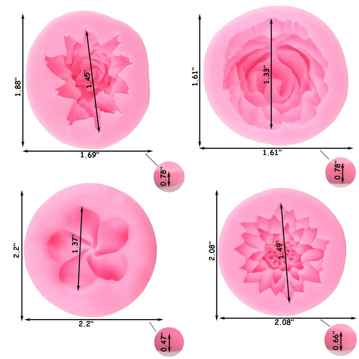 ZiXiang Flower Silicone Molds Set of 4 | Rose Chrysanthemum Fondant Molds for Cake Decorating, 1.88-2.20 inch Cavities - view 3
