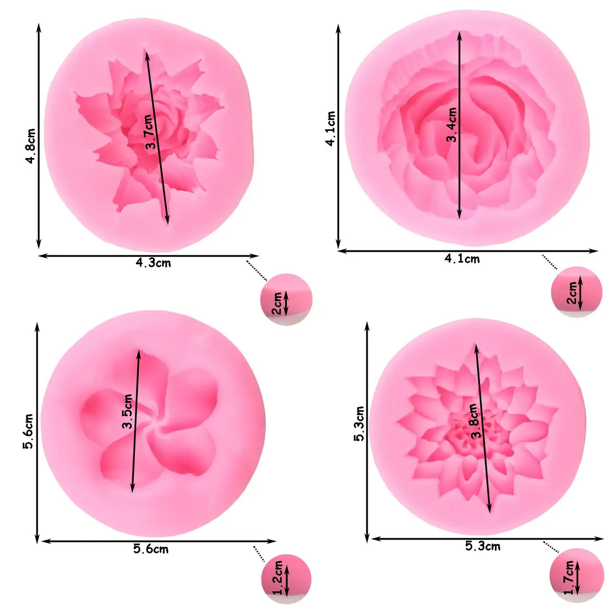 ZiXiang Flower Silicone Molds Set of 4 | Rose Chrysanthemum Fondant Molds for Cake Decorating, 1.88-2.20 inch Cavities - view 4