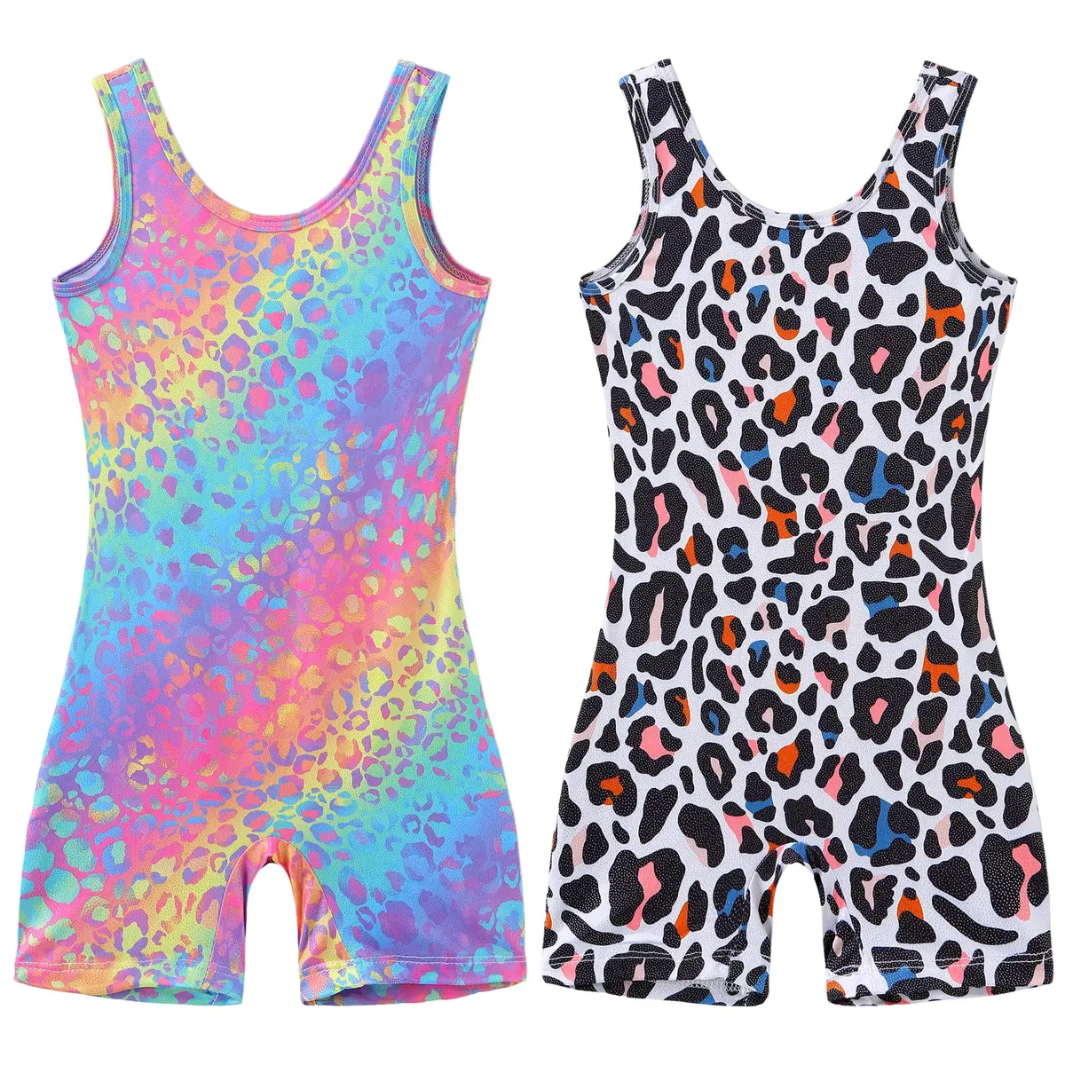 LUOUSE 2 Pack Girls Gymnastics Leotards with Shorts, Toddler & Little Kids Rainbow Leopard Print Unitards (25ml / 0.811 Fl Oz) - main product image