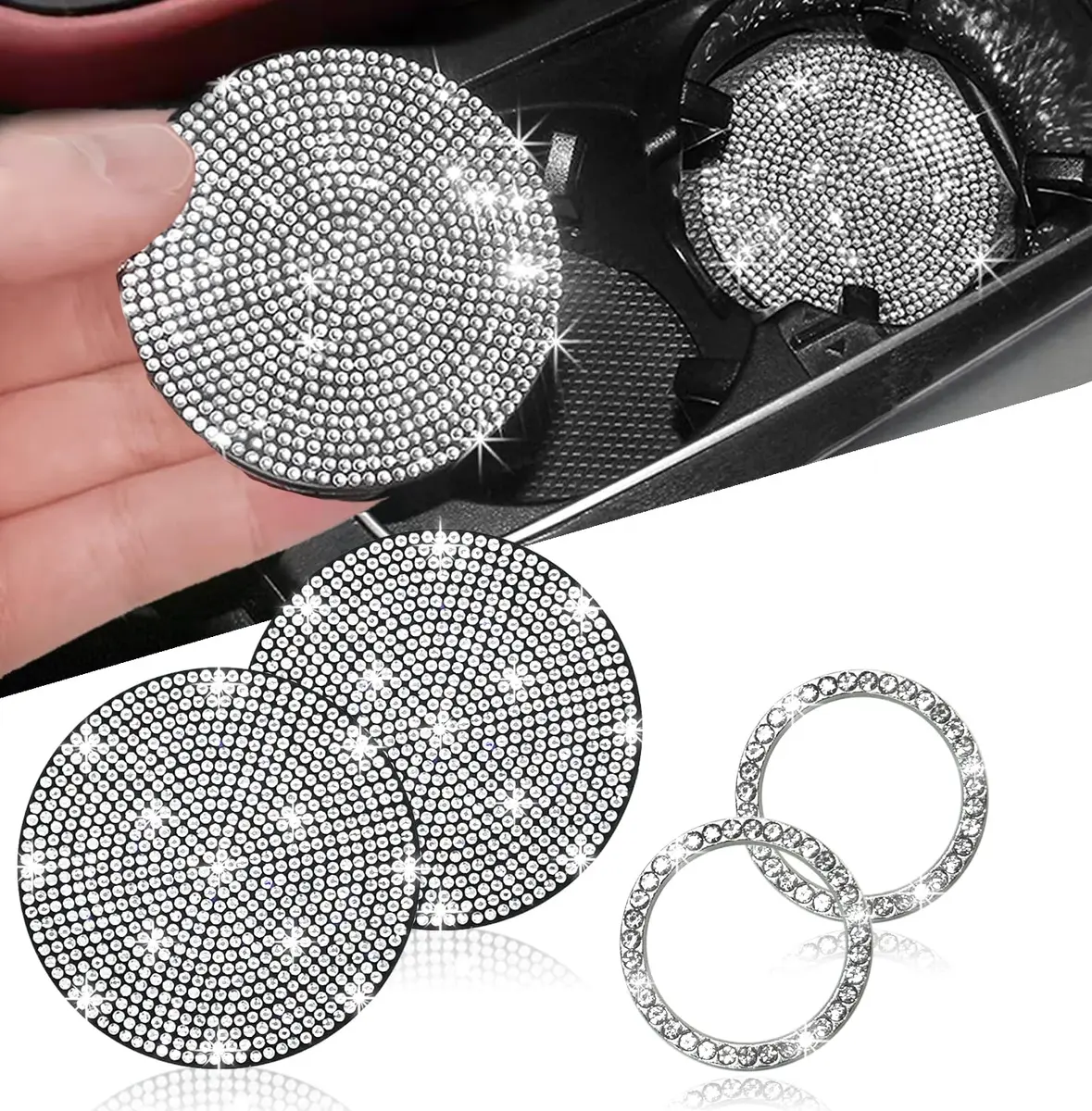 NBTEPEM Bling Car Cup Holder Coasters & Push Start Button Set 7cm (2.75 inch) | Sparkle Interior Accessories for Women - main product image