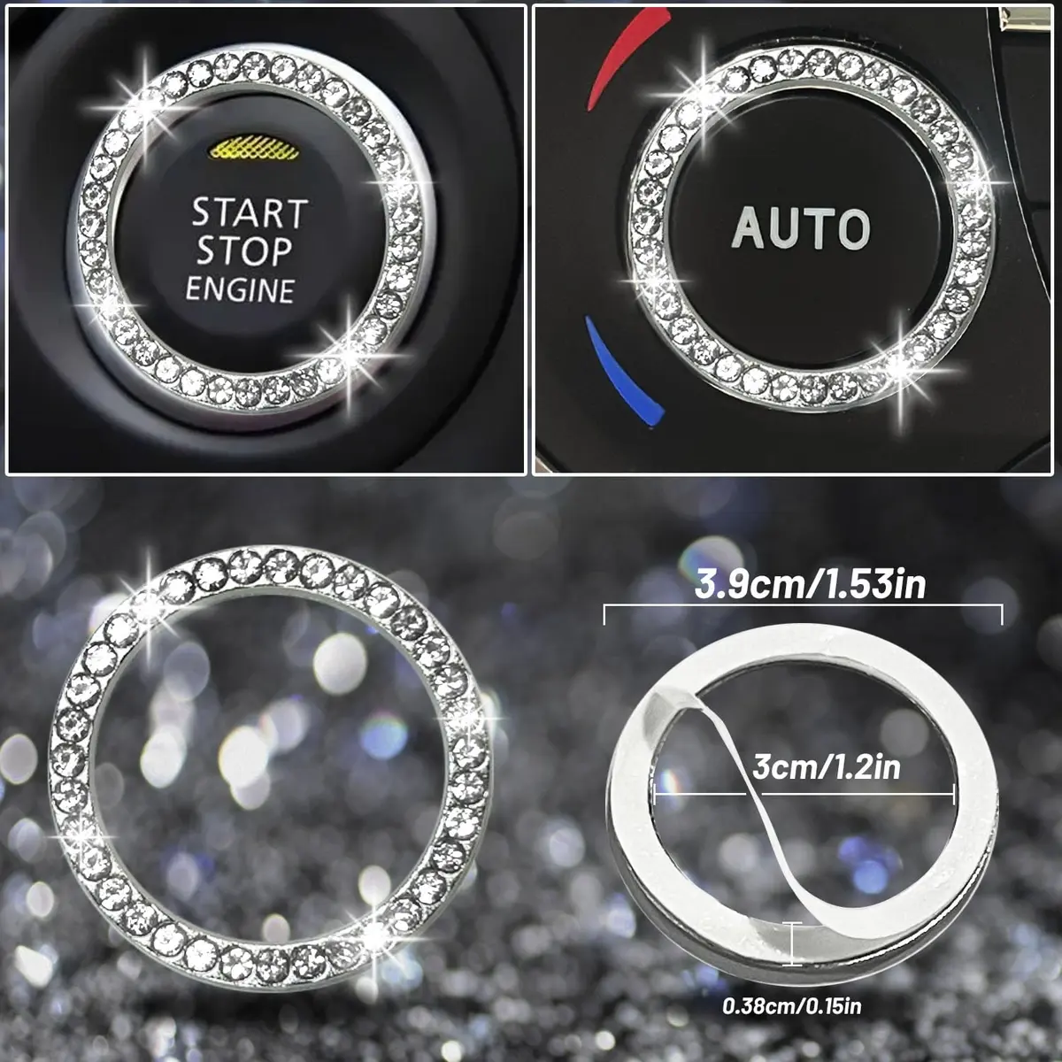 NBTEPEM Bling Car Cup Holder Coasters & Push Start Button Set 7cm (2.75 inch) | Sparkle Interior Accessories for Women - view 7