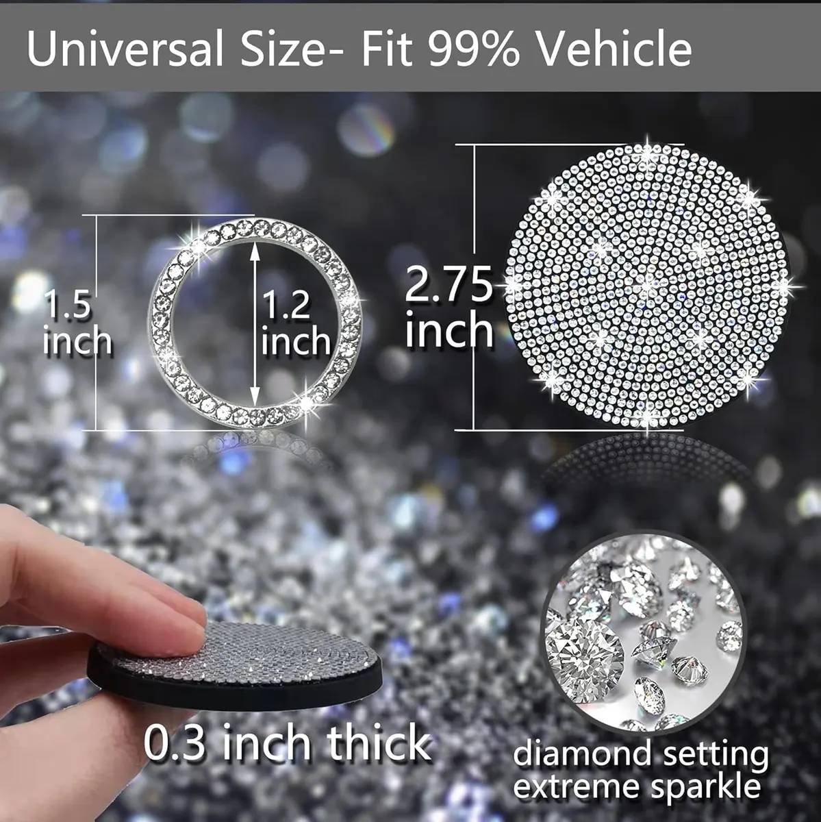 NBTEPEM Bling Car Cup Holder Coasters & Push Start Button Set 7cm (2.75 inch) | Sparkle Interior Accessories for Women - view 2