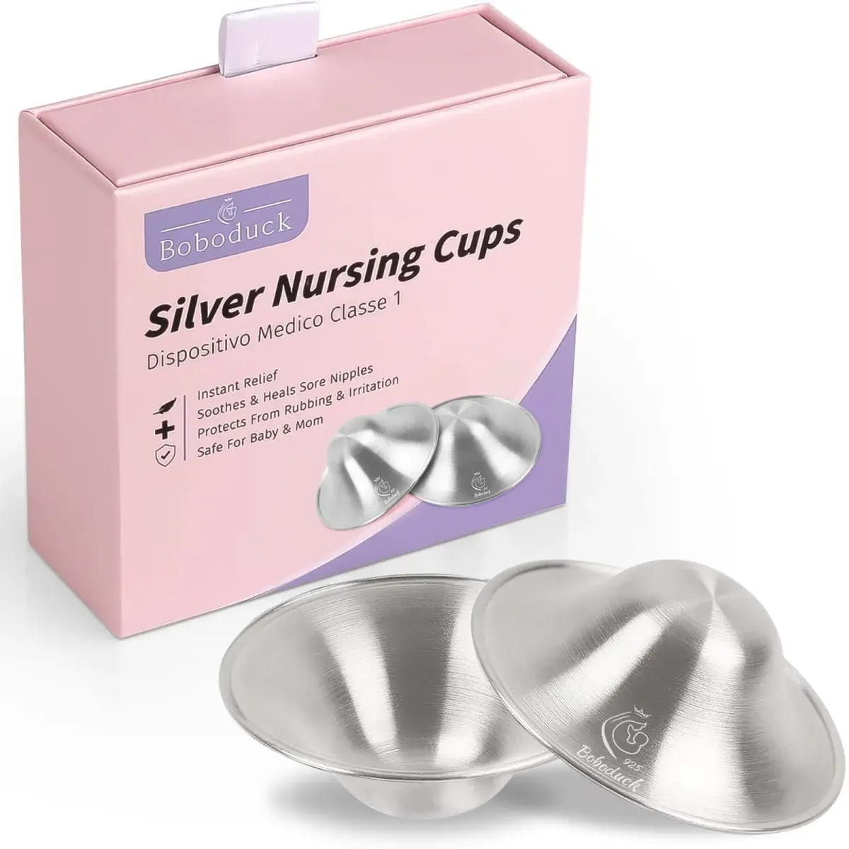 Boboduck Original Silver Nursing Cups for Breastfeeding Newborns | 925 Sterling Silver - main product image