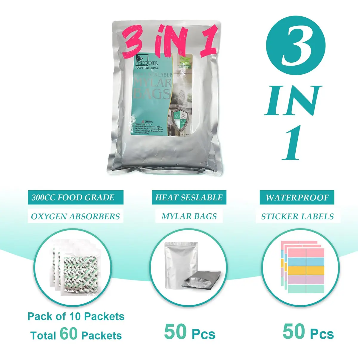 SHXWELL 1 Quart (0.95L) Mylar Bags with Oxygen Absorbers & Labels, 10 Mil Thick, 7"x10" Zipper Pouches | Long-Term Food Storage - view 2