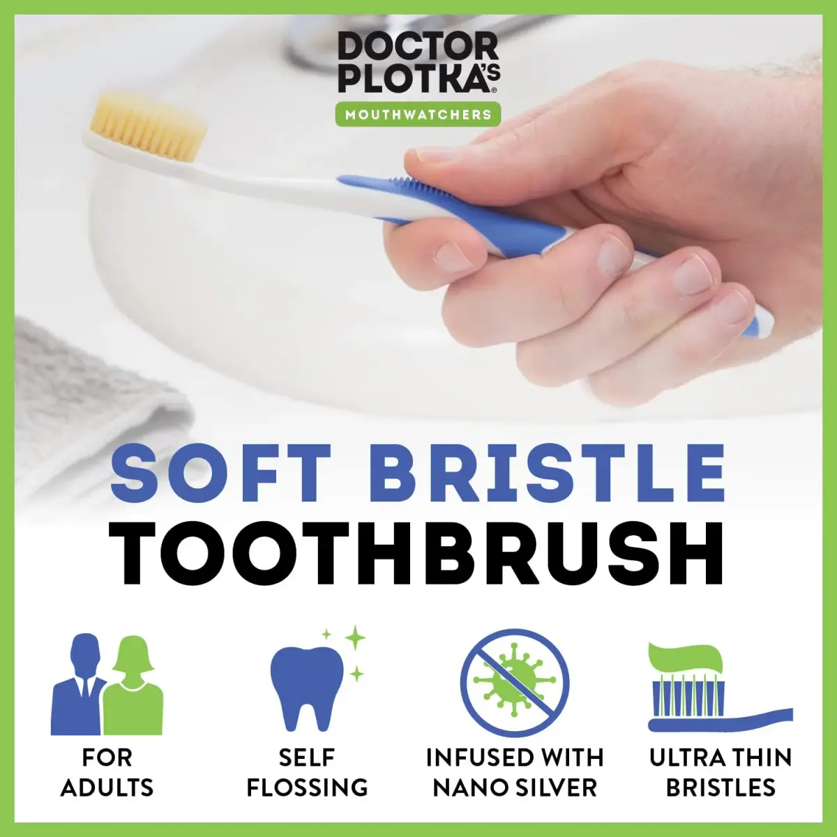 MOUTHWATCHERS Soft Flossing Manual Toothbrush with Built-in Flosser, Adults, 2-Pack, Blue | Dentist Developed for Sensitive Gums - view 2
