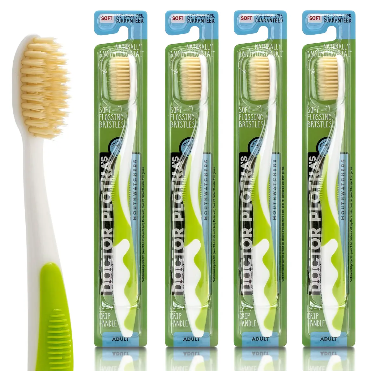 MOUTHWATCHERS Soft Flossing Manual Toothbrush 4-Pack Green | Built-in Flosser for Adults - main product image