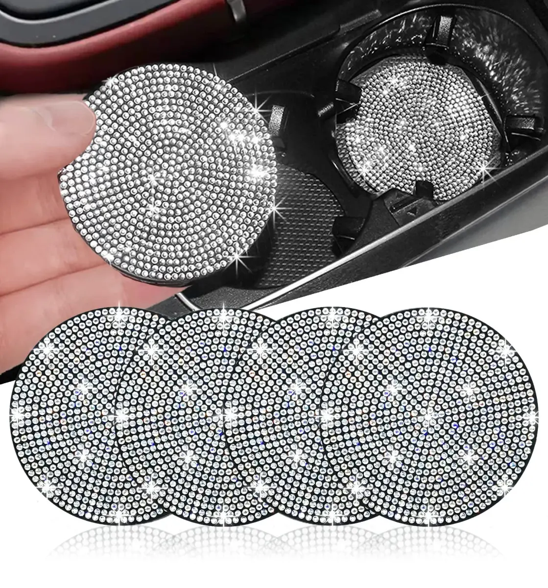 NBTEPEM Bling Car Cup Holder Coasters - 2.75 inch, 4 pcs, Silver | Sparkle & Protect Your Car Interior - main product image