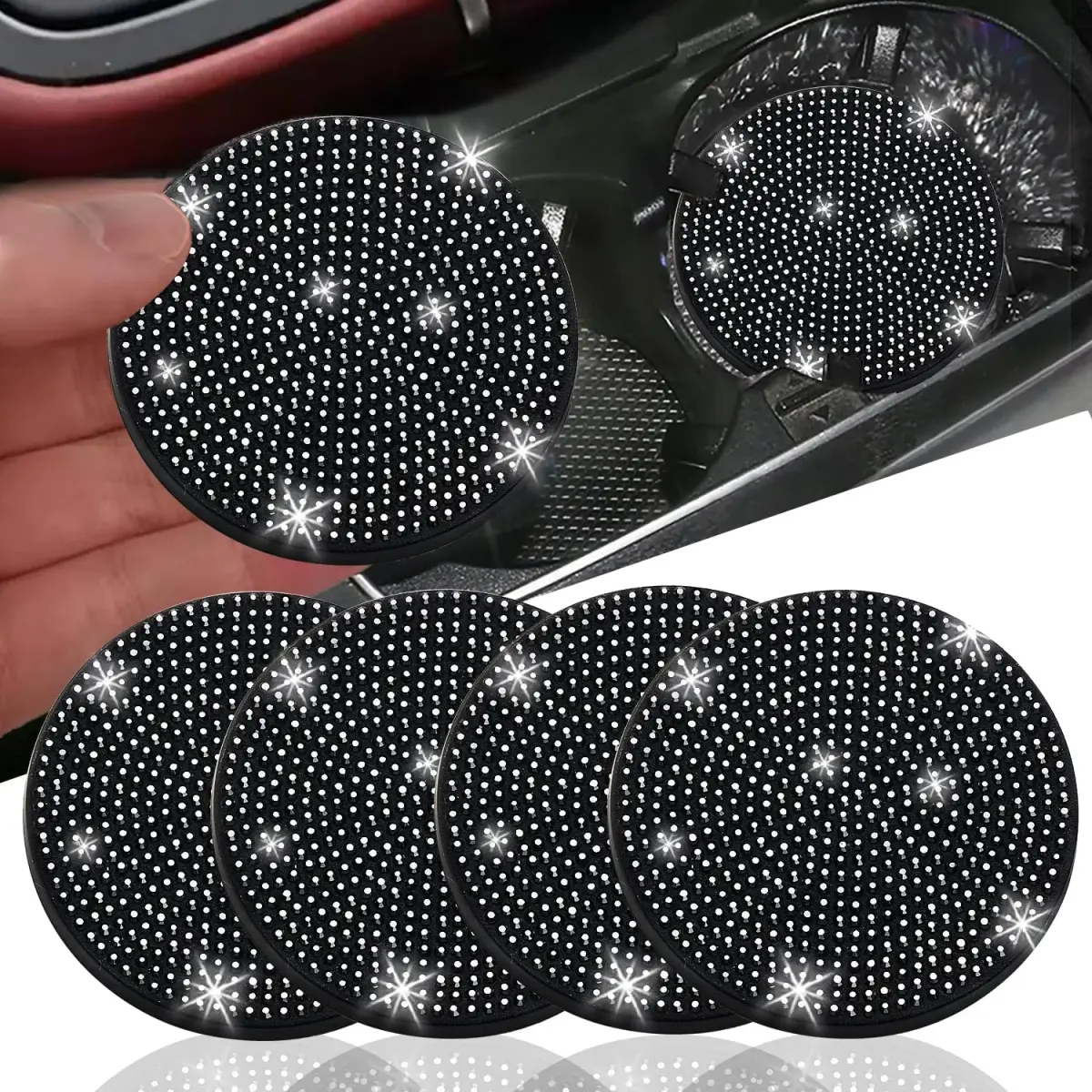 NBTEPEM Bling Black Car Cup Holder Coasters (4 pcs, 2.75 inch) | Sparkle & Protect Your Car Interior - main product image
