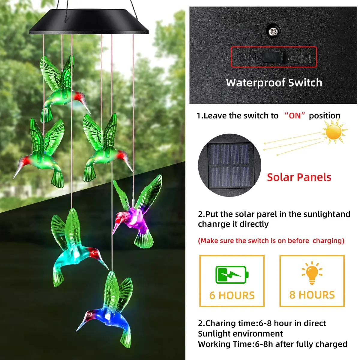 DesGully Wind Chimes, Hummingbird Solar Wind Chimes for Outside | Colorful Garden Decor & Gift - view 5