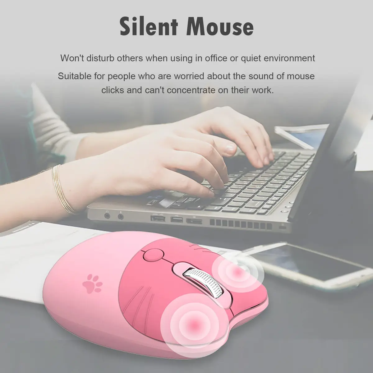 Lomiluskr Cute Cat Wireless Mouse Pink | Silent 2.4G Input Mouse for Girls & Kids - view 5