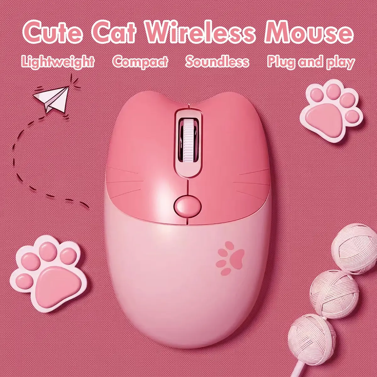 Lomiluskr Cute Cat Wireless Mouse Pink | Silent 2.4G Input Mouse for Girls & Kids - view 3