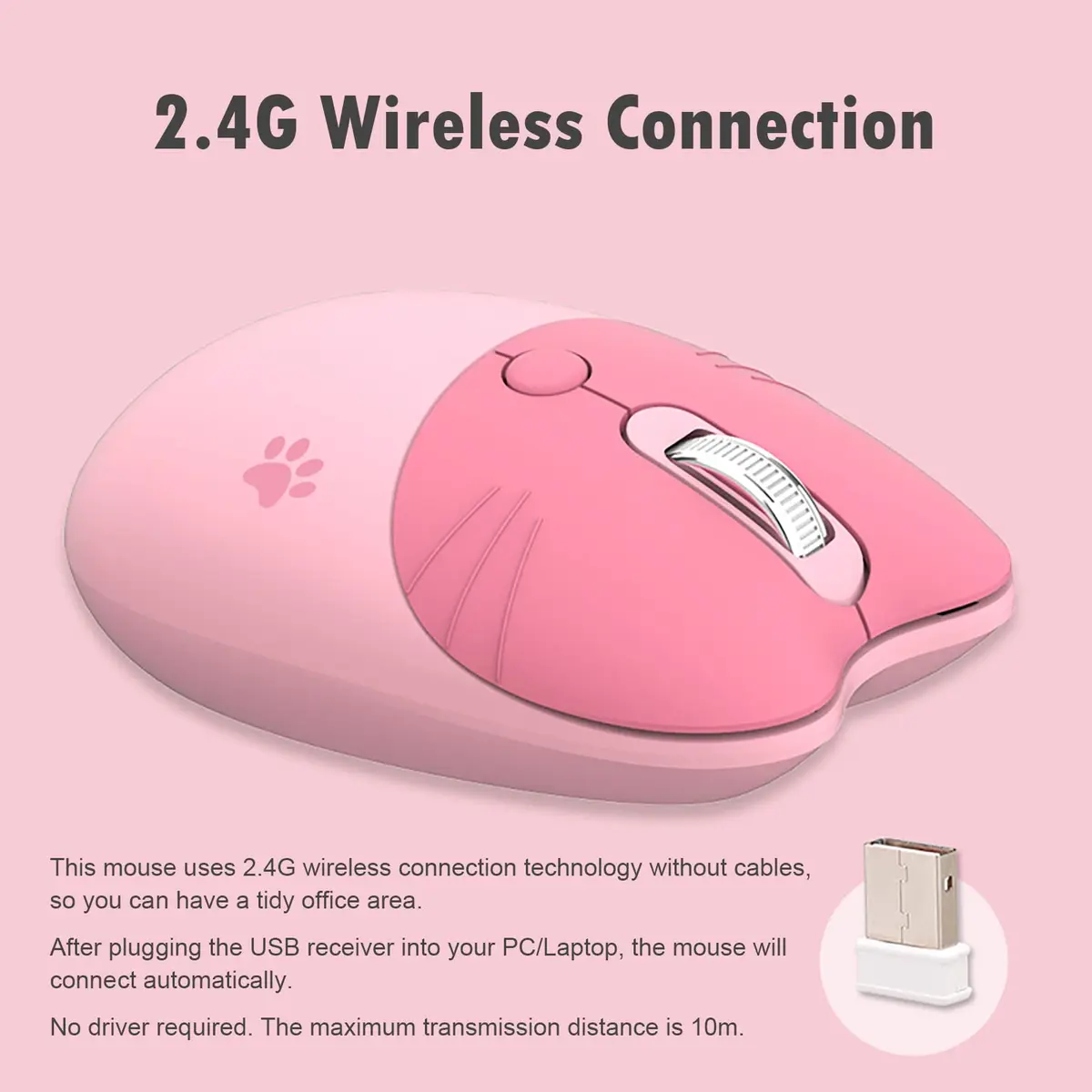 Lomiluskr Cute Cat Wireless Mouse Pink | Silent 2.4G Input Mouse for Girls & Kids - view 4