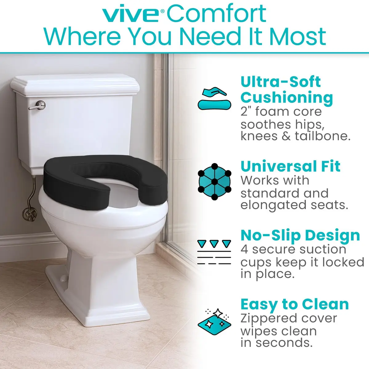 Vive Toilet Seat Cushion 2" Soft Foam | Relieves Pressure Points for Bathroom Mobility - view 3