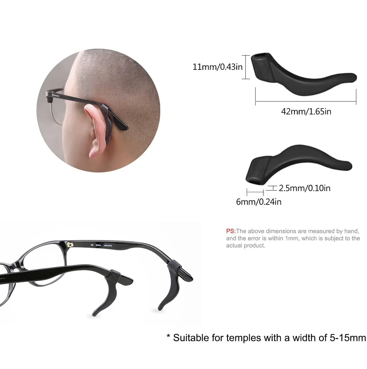 PTSLKHN Soft Silicone Eyeglass Ear Grips 10 Pairs (Black) | Secure Fit for Active Lifestyles - view 6