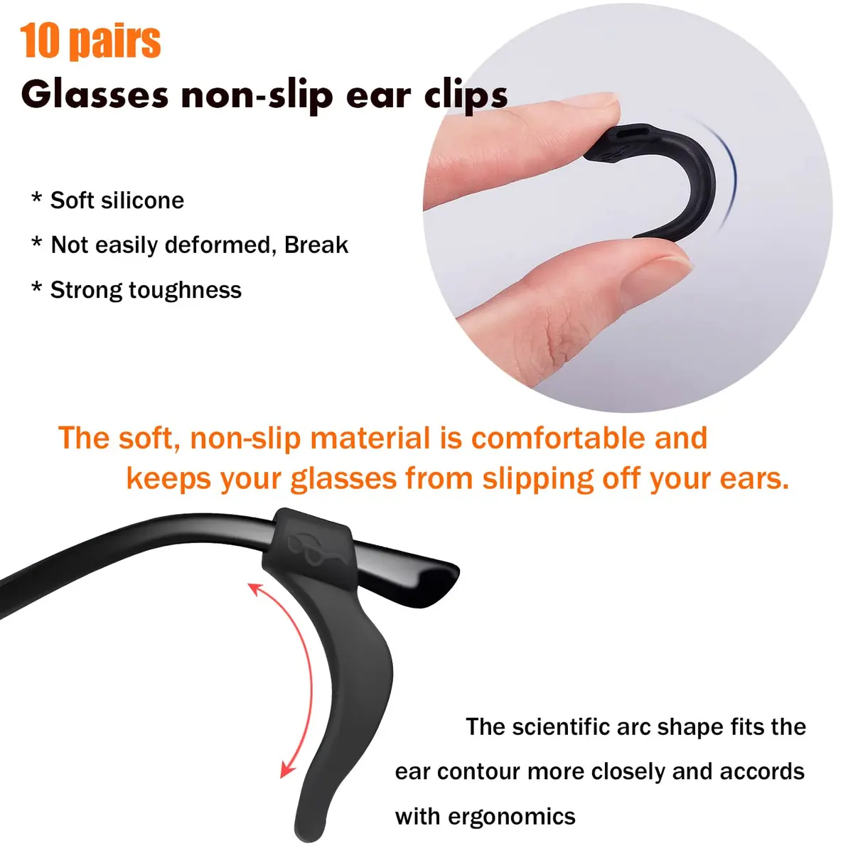 PTSLKHN Soft Silicone Eyeglass Ear Grips 10 Pairs (Black) | Secure Fit for Active Lifestyles - view 4